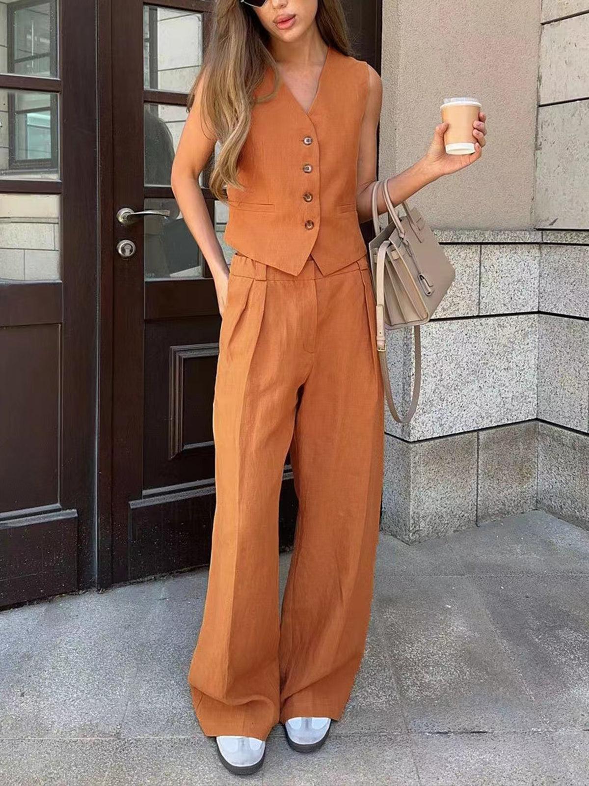 Conjunto Chaleco y Pantalón de Lino Naranja Silueta Moderna