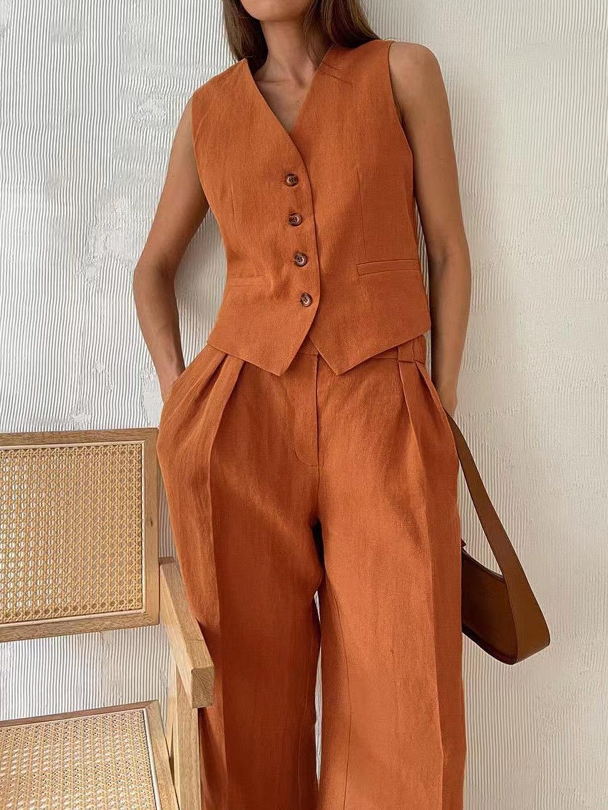 Conjunto Chaleco y Pantalón de Lino Naranja Silueta Moderna