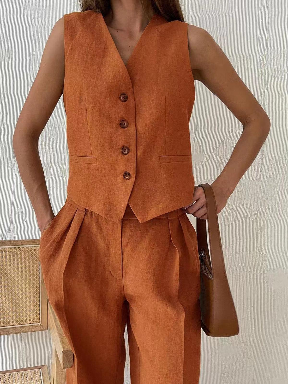 Conjunto Chaleco y Pantalón de Lino Naranja Silueta Moderna
