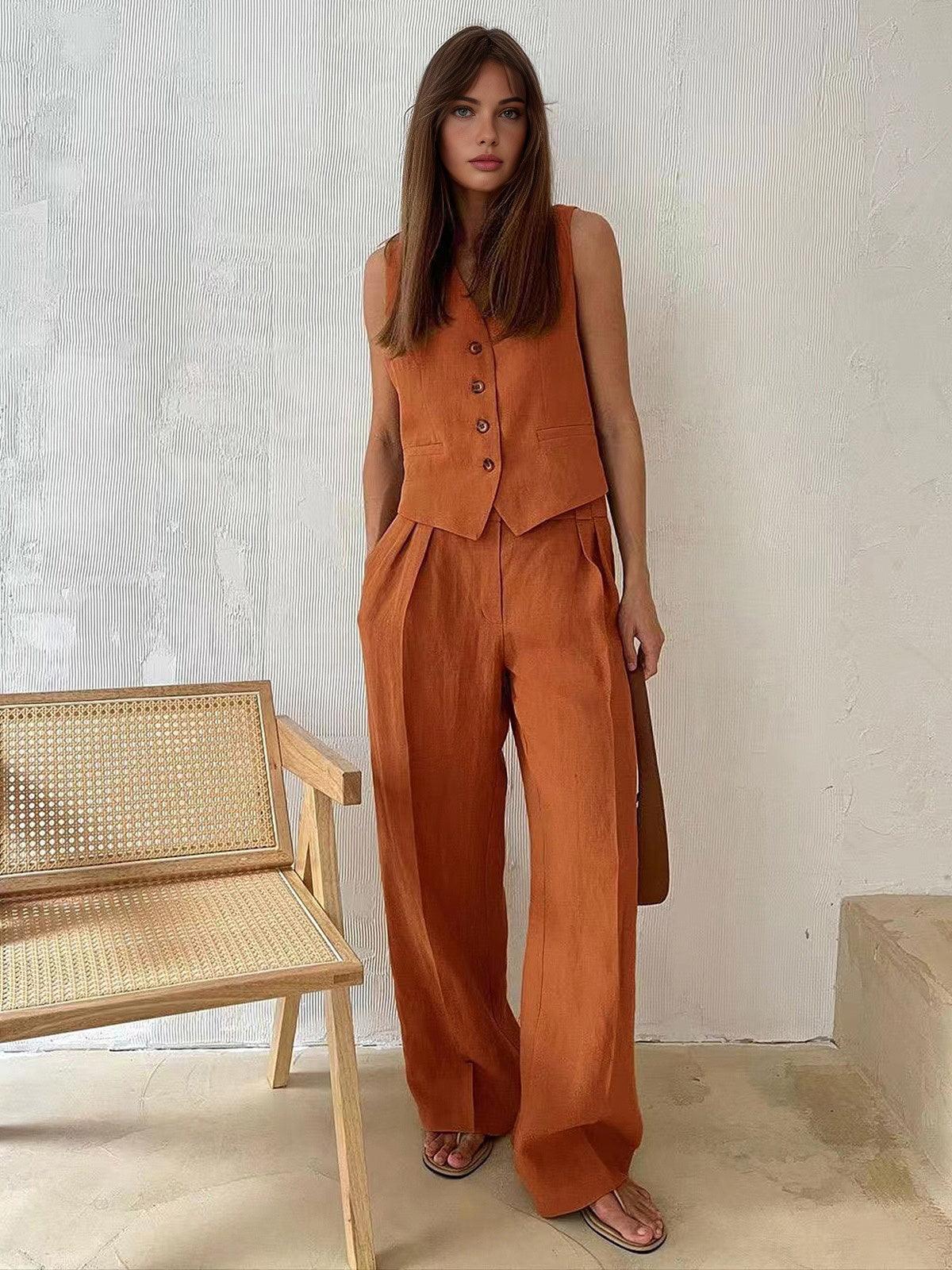 Conjunto Chaleco y Pantalón de Lino Naranja Silueta Moderna