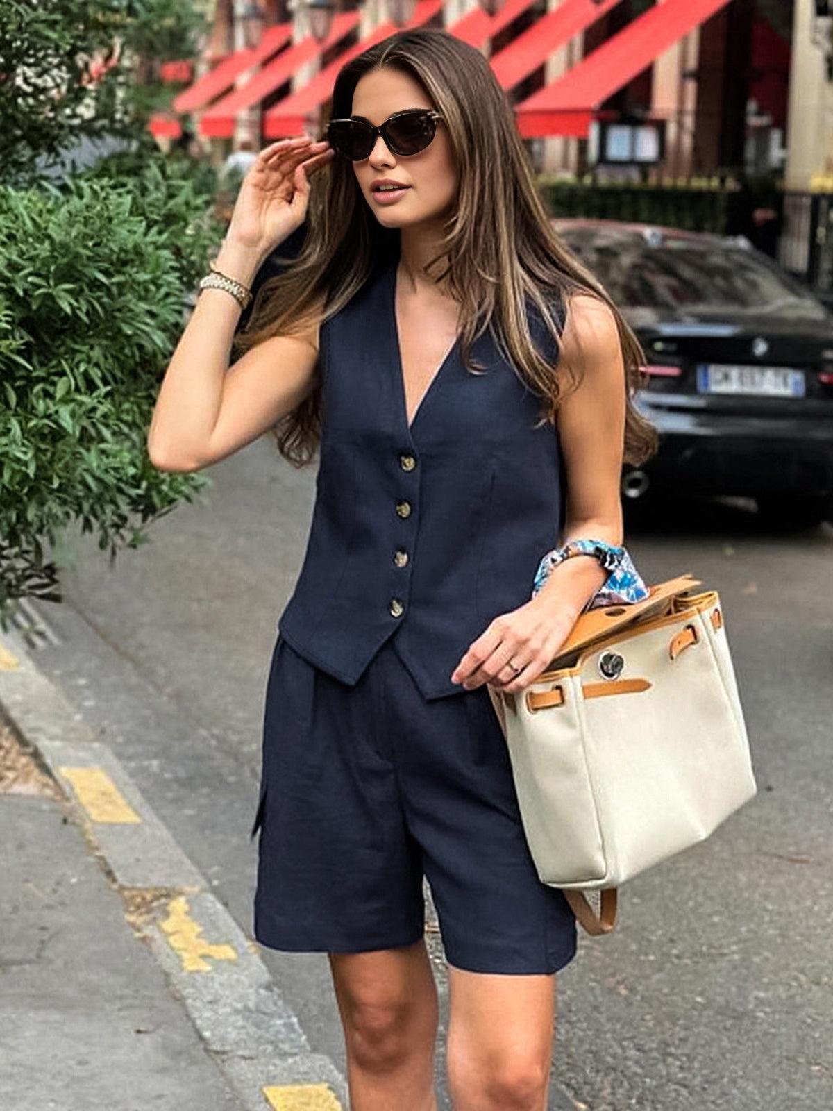 Conjunto De Shorts De Algodón Con Bolsillos Para Mujer