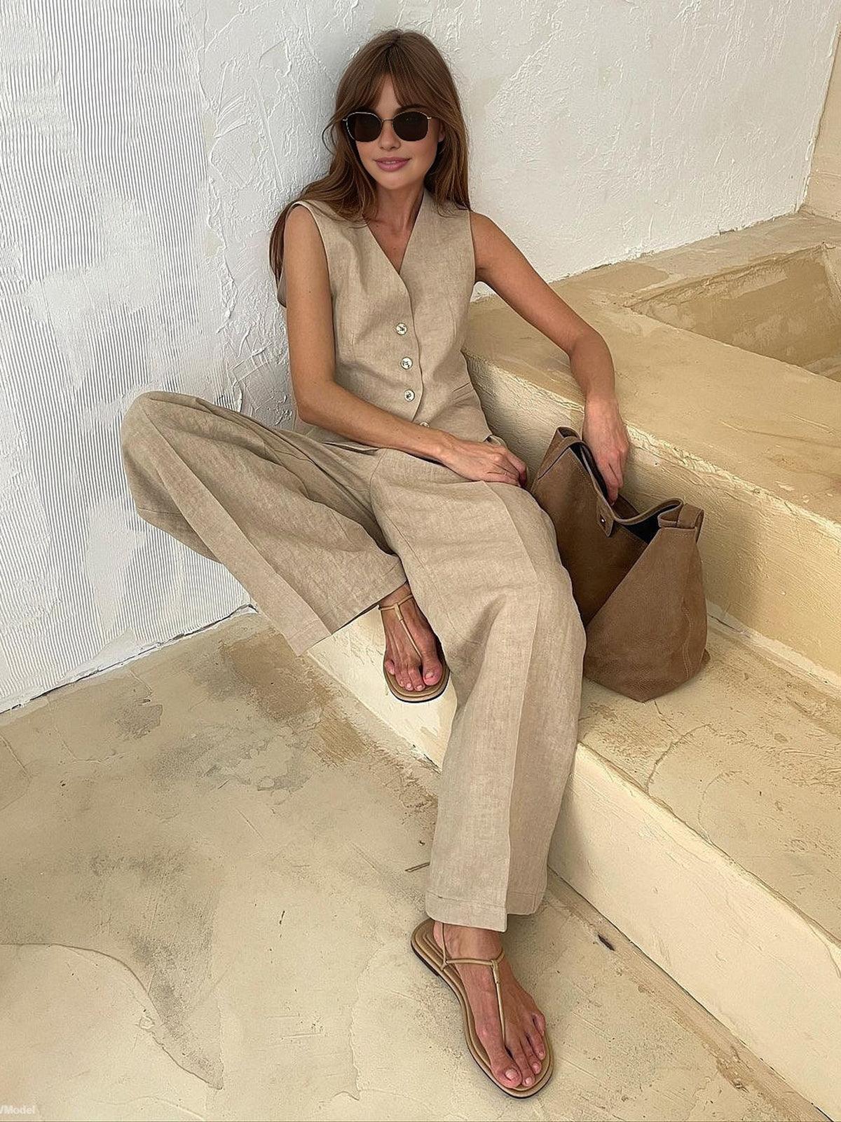 Conjunto Chaleco y Pantalón de Lino Naranja Silueta Moderna