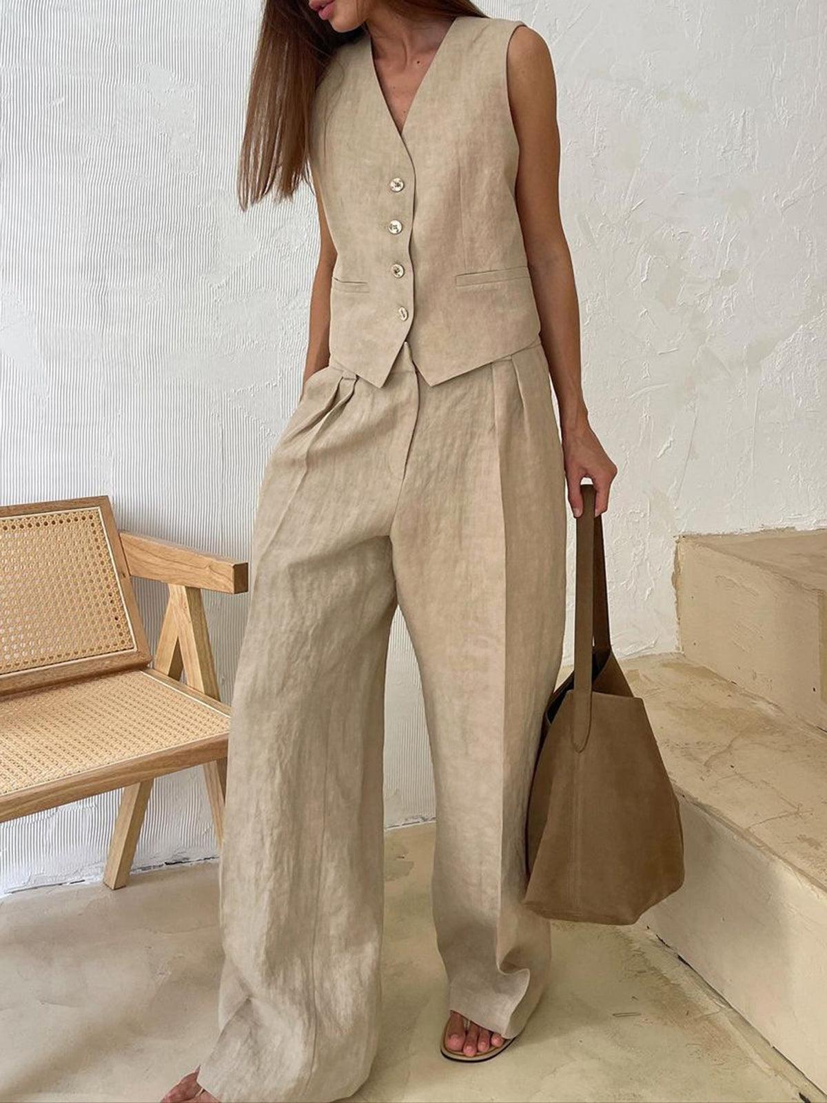 Conjunto Chaleco y Pantalón de Lino Naranja Silueta Moderna