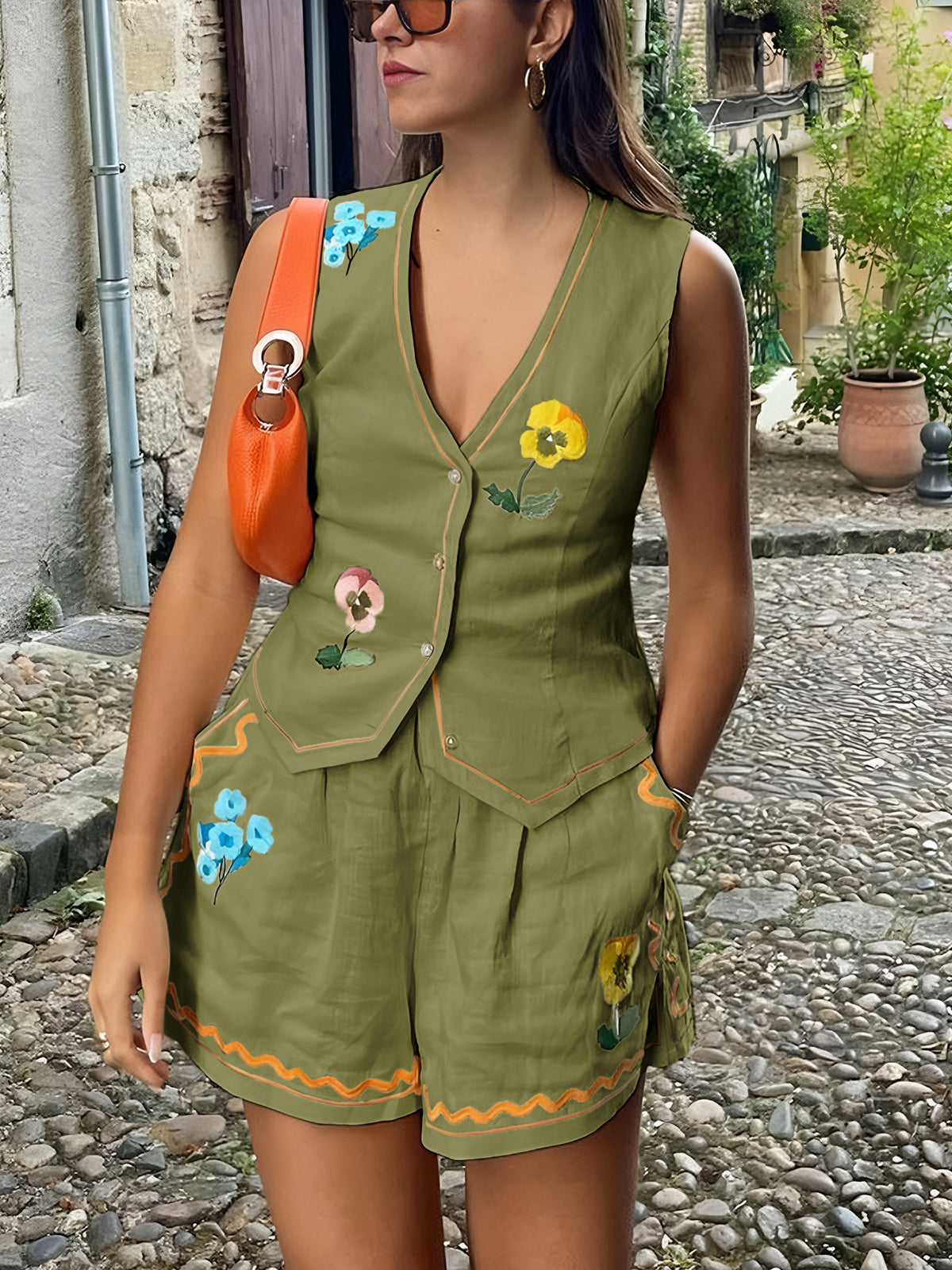 Conjunto Top Sin Mangas Y Shorts Bordados Florales Mujer