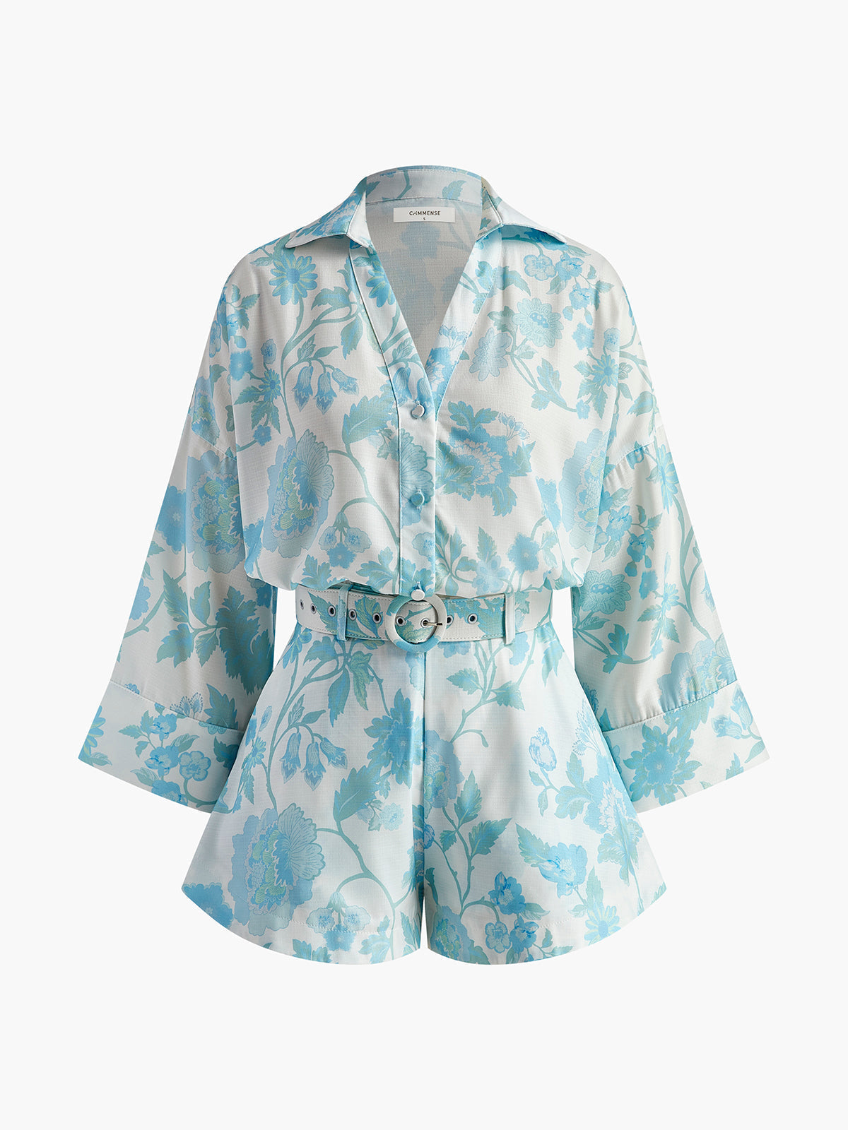 Conjunto Floral Con Cinturón de Shorts y Blusa con Cuello