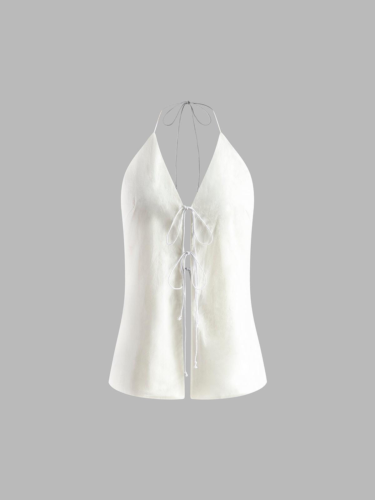 Conjunto de Shorts Blancos con Cuello Halter y Lazo