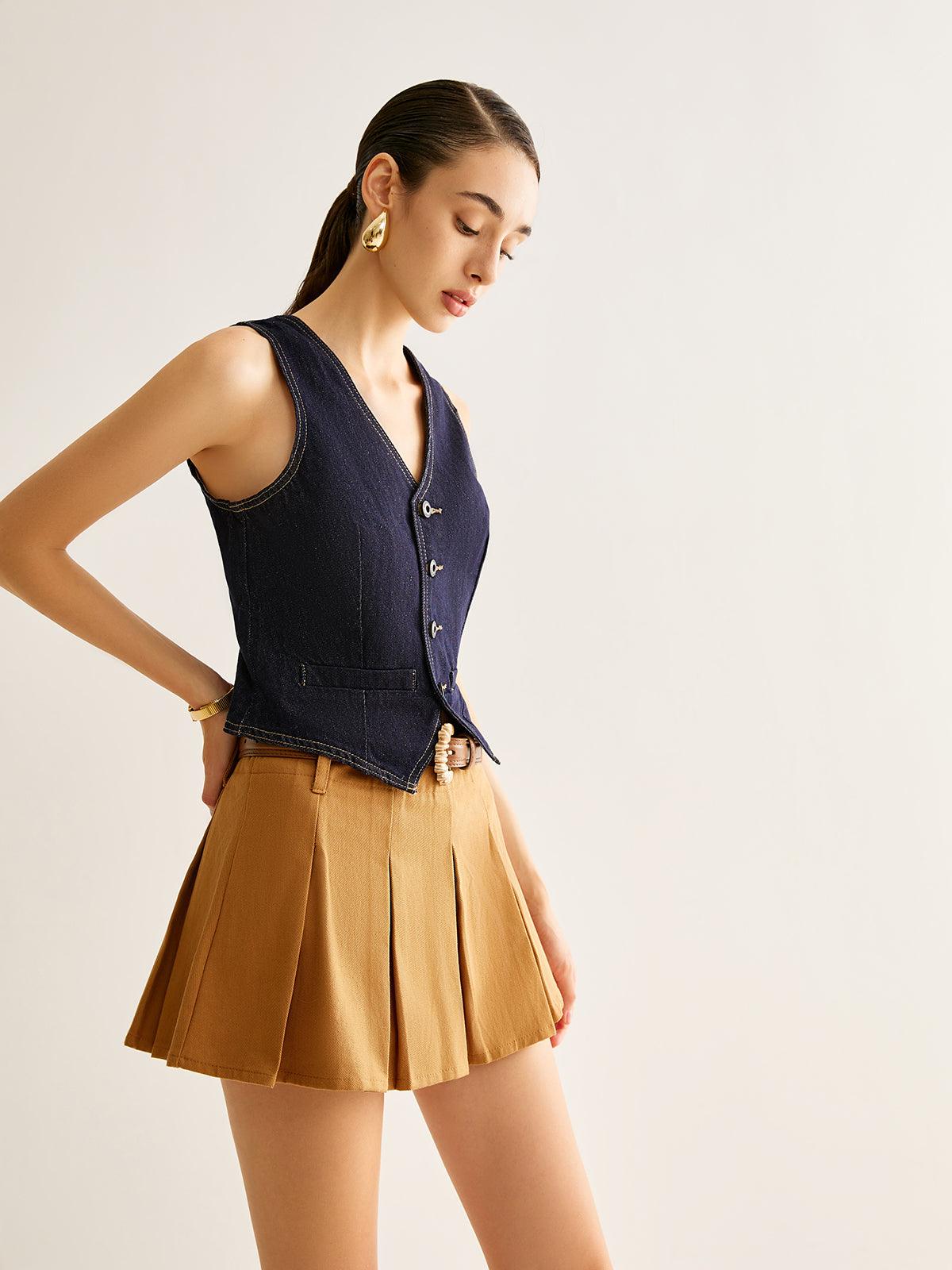 Falda Mini Plisada Camel Con Silueta Elegante Para Mujeres