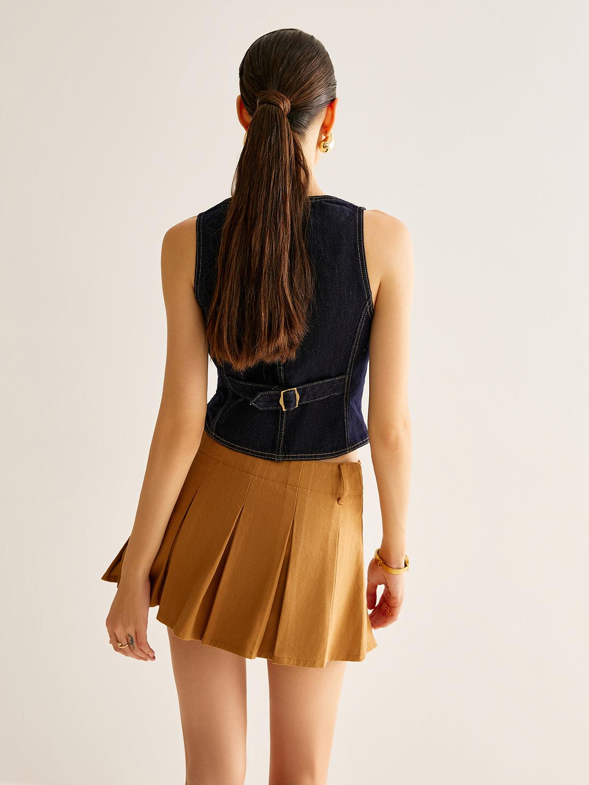 Falda Mini Plisada Camel Con Silueta Elegante Para Mujeres