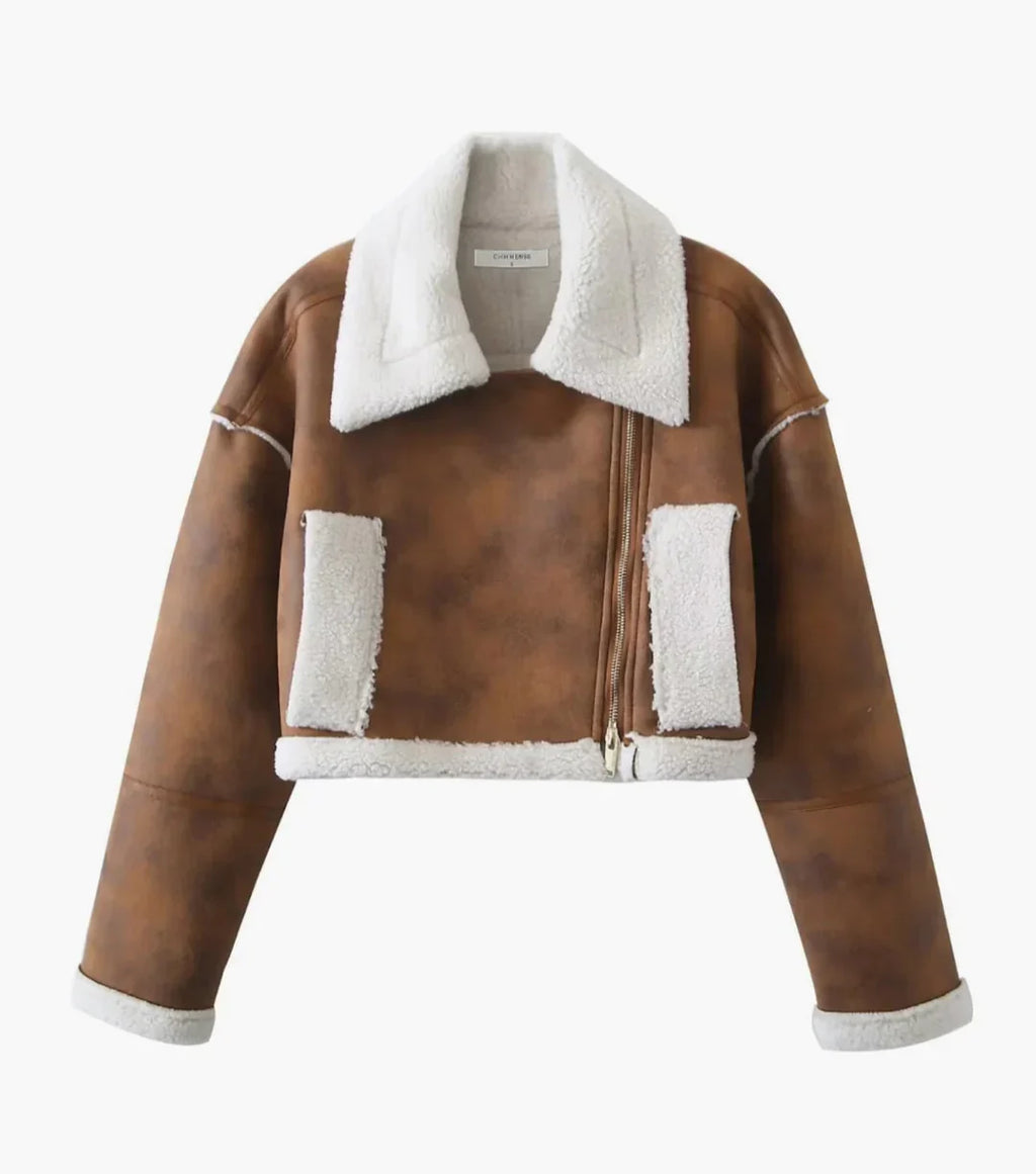 Chaqueta Marrón Luxe Con Collar Peludo Y Piel Blanca