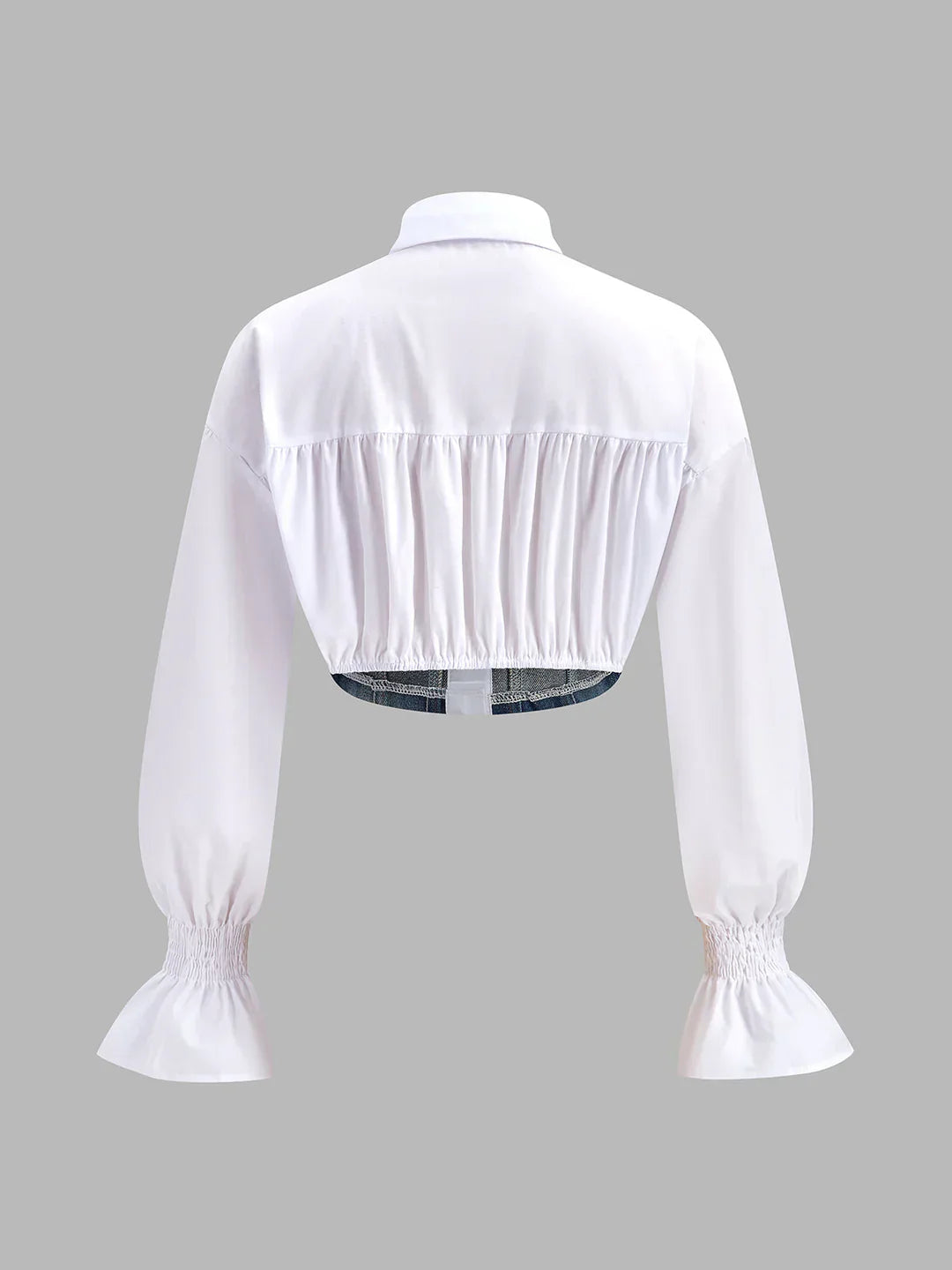 Blusa Corsé de Denim con Mangas Globo y Cuello Blanco