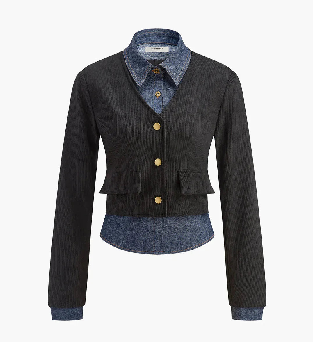 Blusa Bardot Elegante Con Detalle Denim Y Botones Dorados