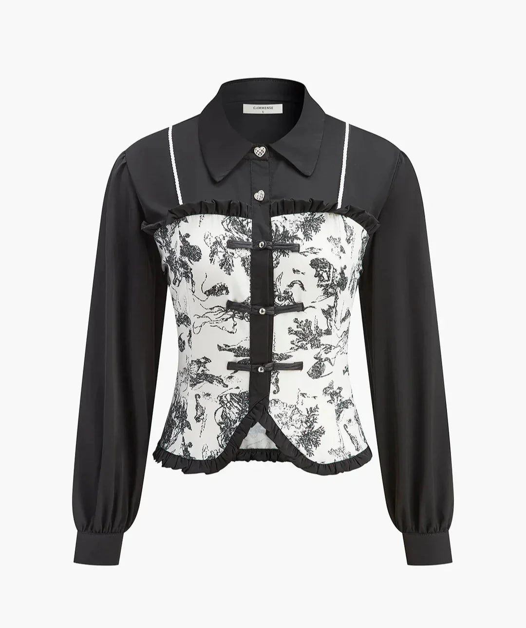 Blusa Elegante Con Plisado Estampado Pastoral Blanco Negro
