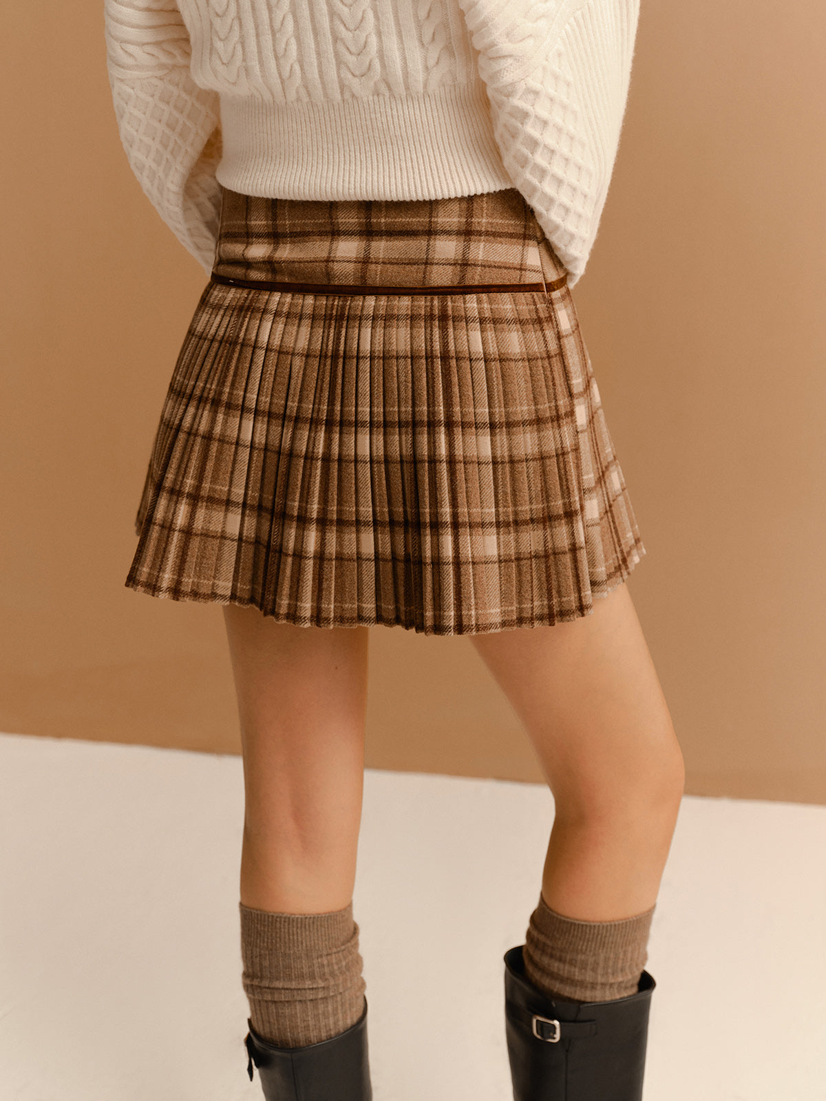 Minifalda Plisada Elegante De Cintura Alta En Cuadros
