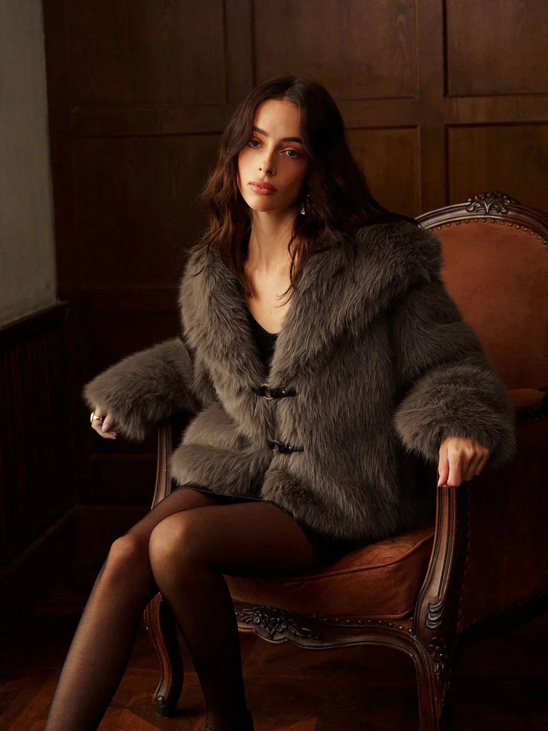 Chaqueta Blant Con Cuello Ancho de Felpa Negro Blanco