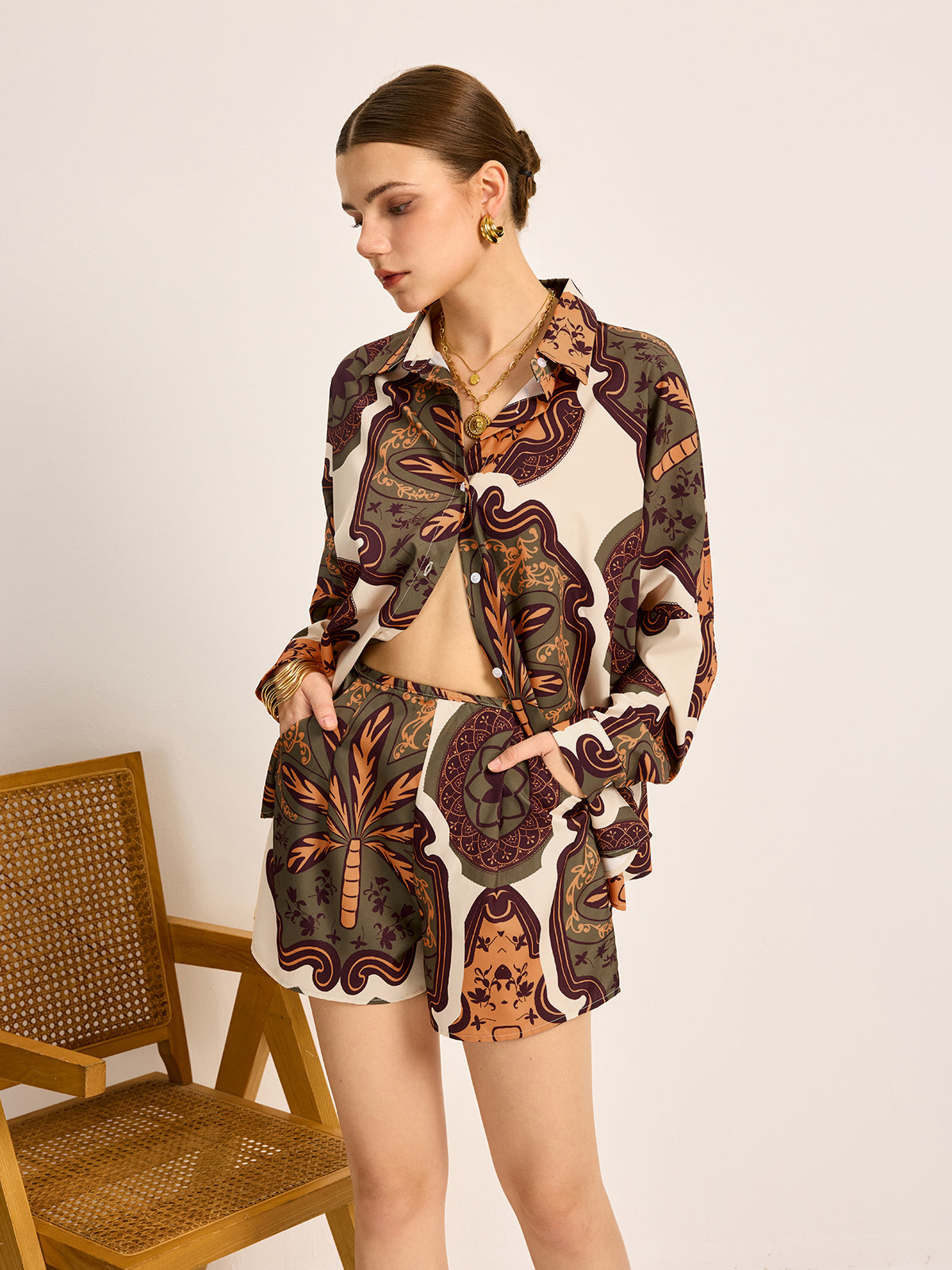 Conjunto Mujer Camisa Estampada Y Shorts Elegantes Verano