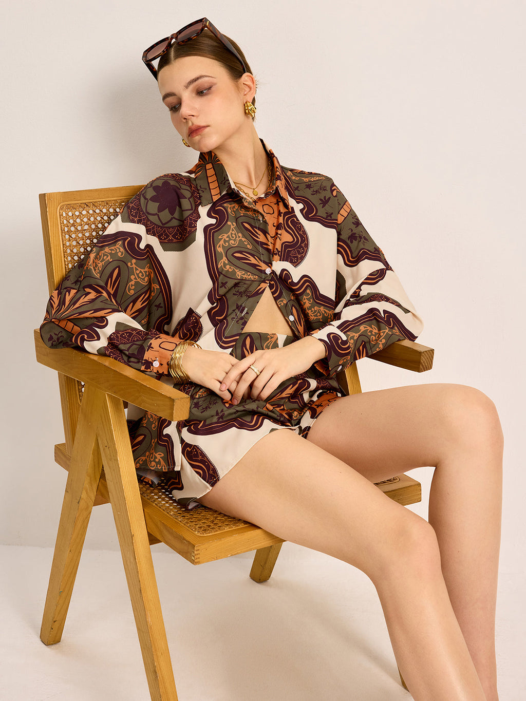 Conjunto Mujer Camisa Estampada Y Shorts Elegantes Verano