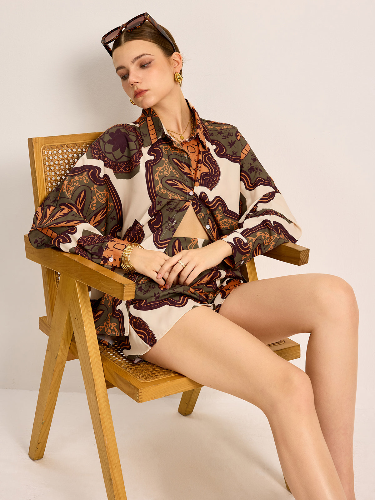 Conjunto Mujer Camisa Estampada Y Shorts Elegantes Verano
