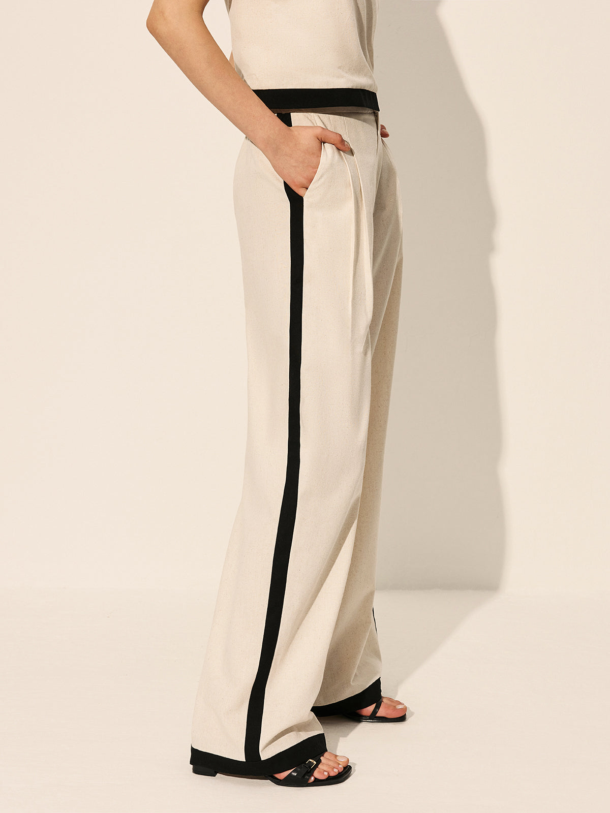 Conjunto Pantalones Lino Algodón Con Cremallera Contrastante