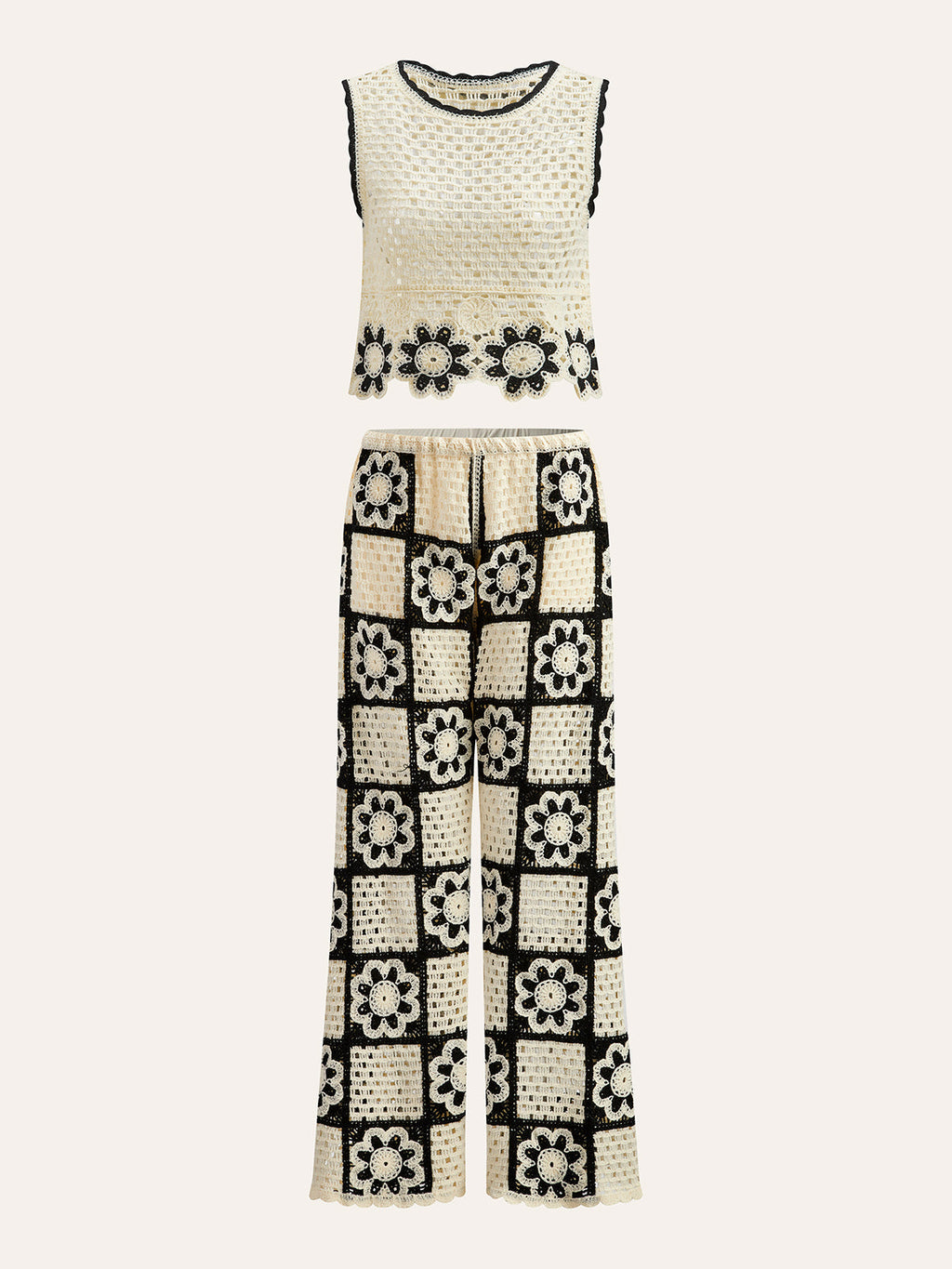 Conjunto Top Pantalón Crochet Floral Silueta Elegante
