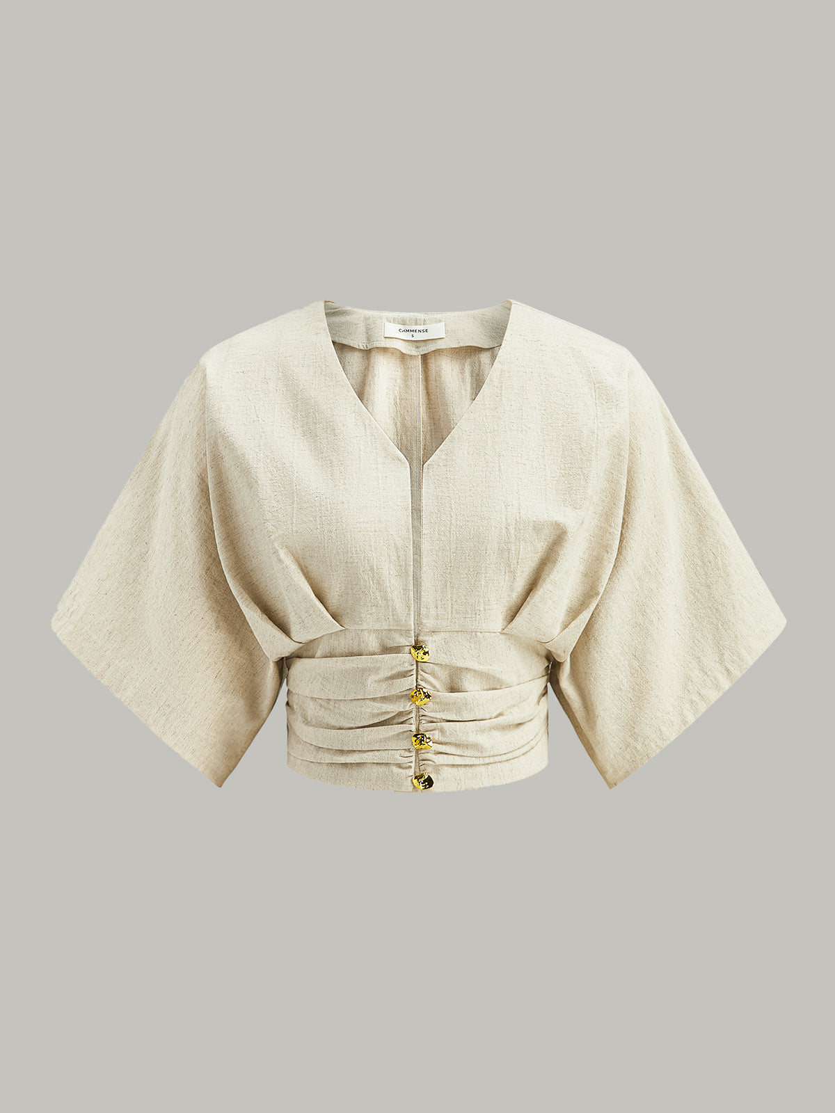 Blusa de Algodón y Lino con Manga Kimono y Escote en V