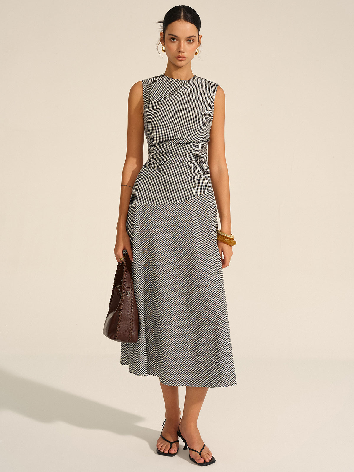 Vestido Midi Gingham Con Cuello Camisero Y Abertura Mujer