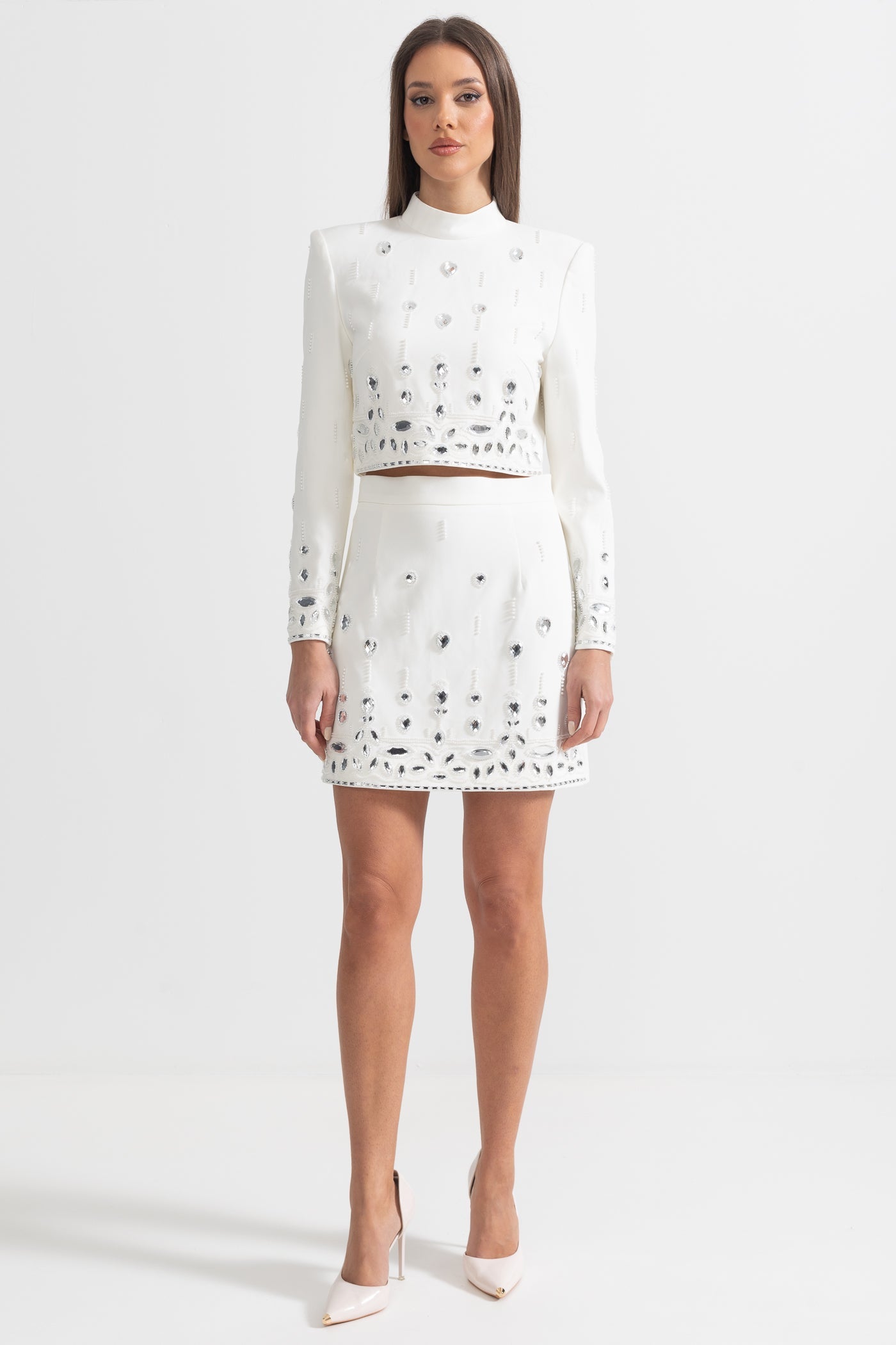 Conjunto Dos Piezas Falda Mini Diamantes Blanco Elegante