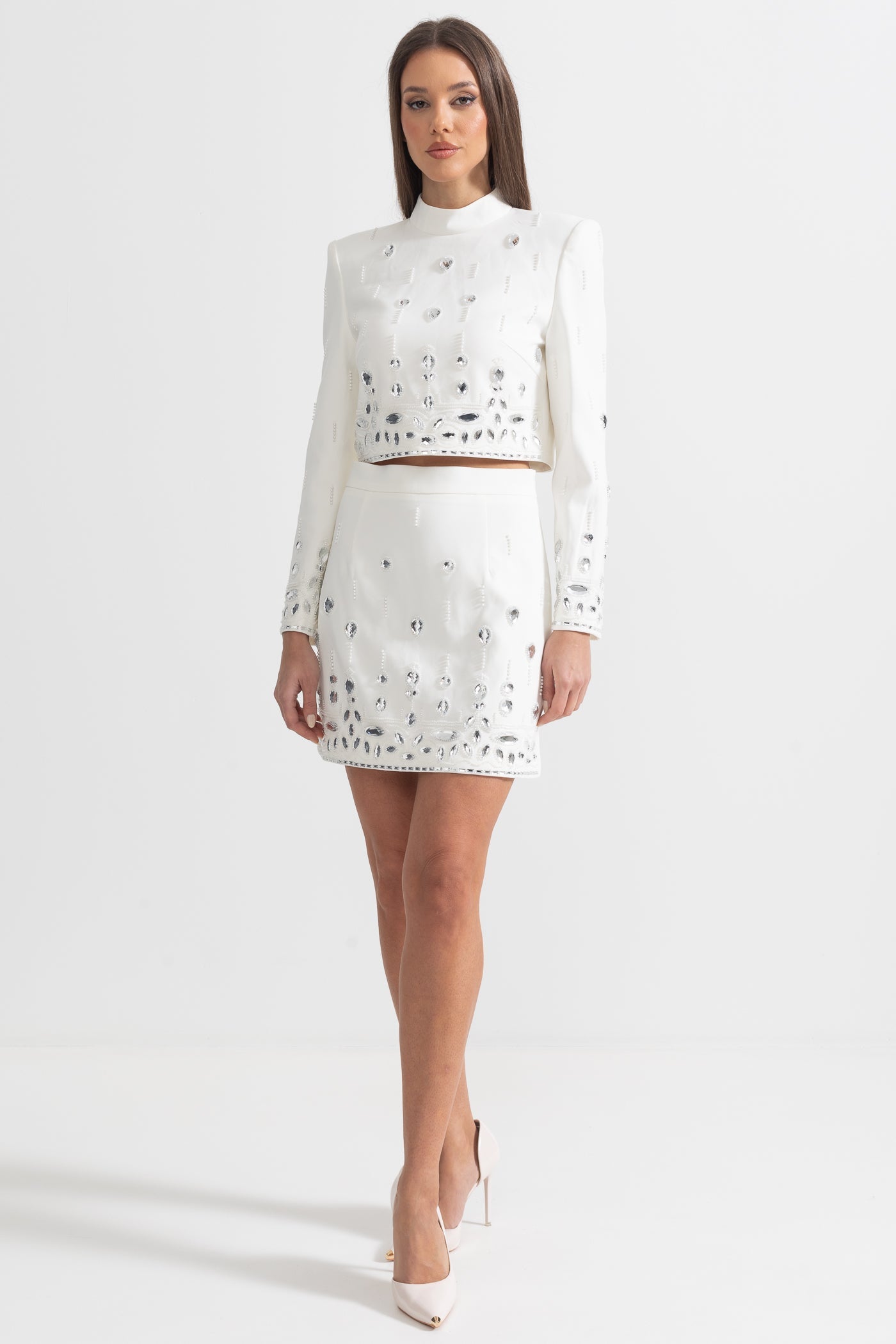 Conjunto Dos Piezas Falda Mini Diamantes Blanco Elegante