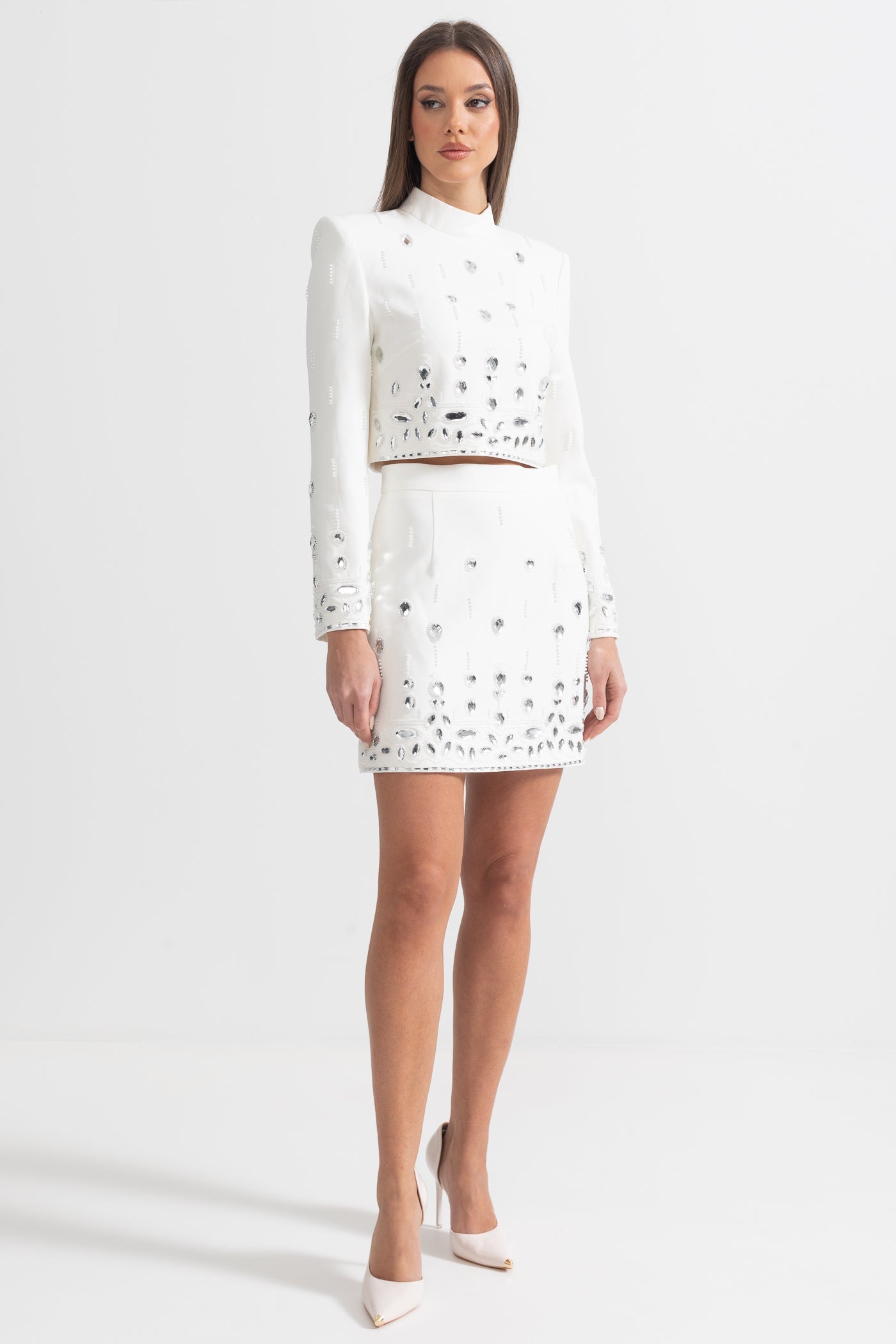 Conjunto Dos Piezas Falda Mini Diamantes Blanco Elegante