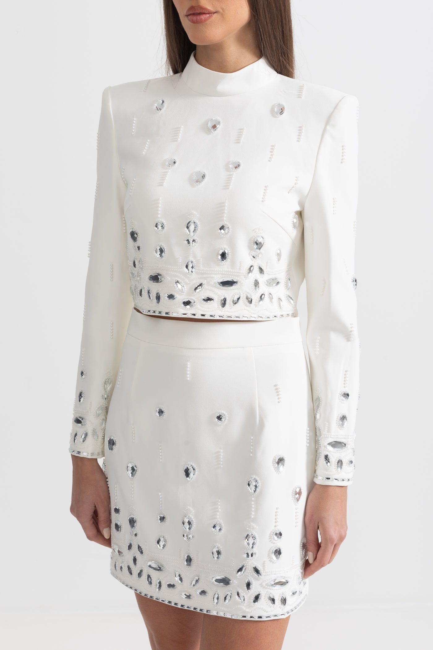 Conjunto Dos Piezas Falda Mini Diamantes Blanco Elegante