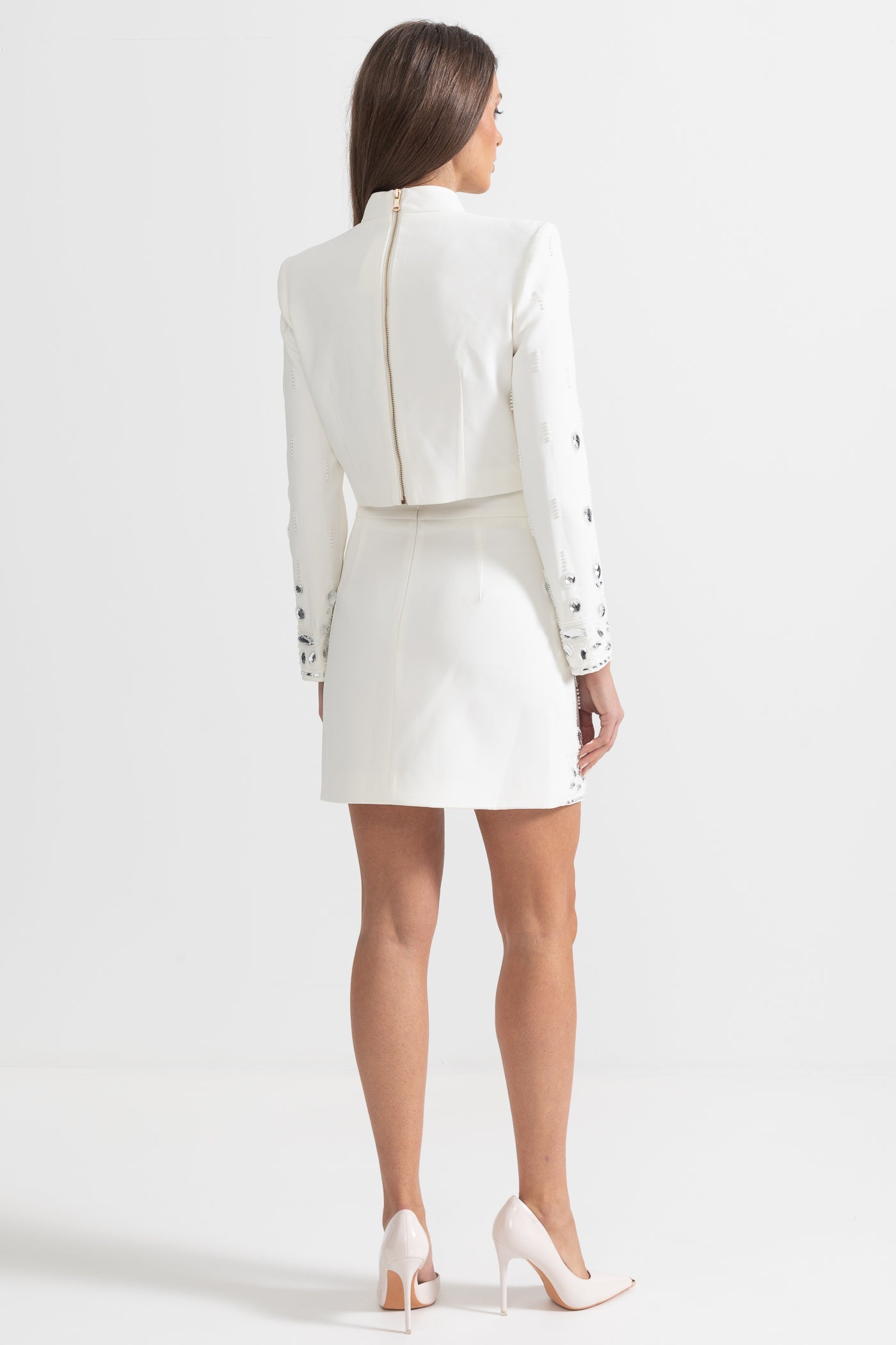 Conjunto Dos Piezas Falda Mini Diamantes Blanco Elegante