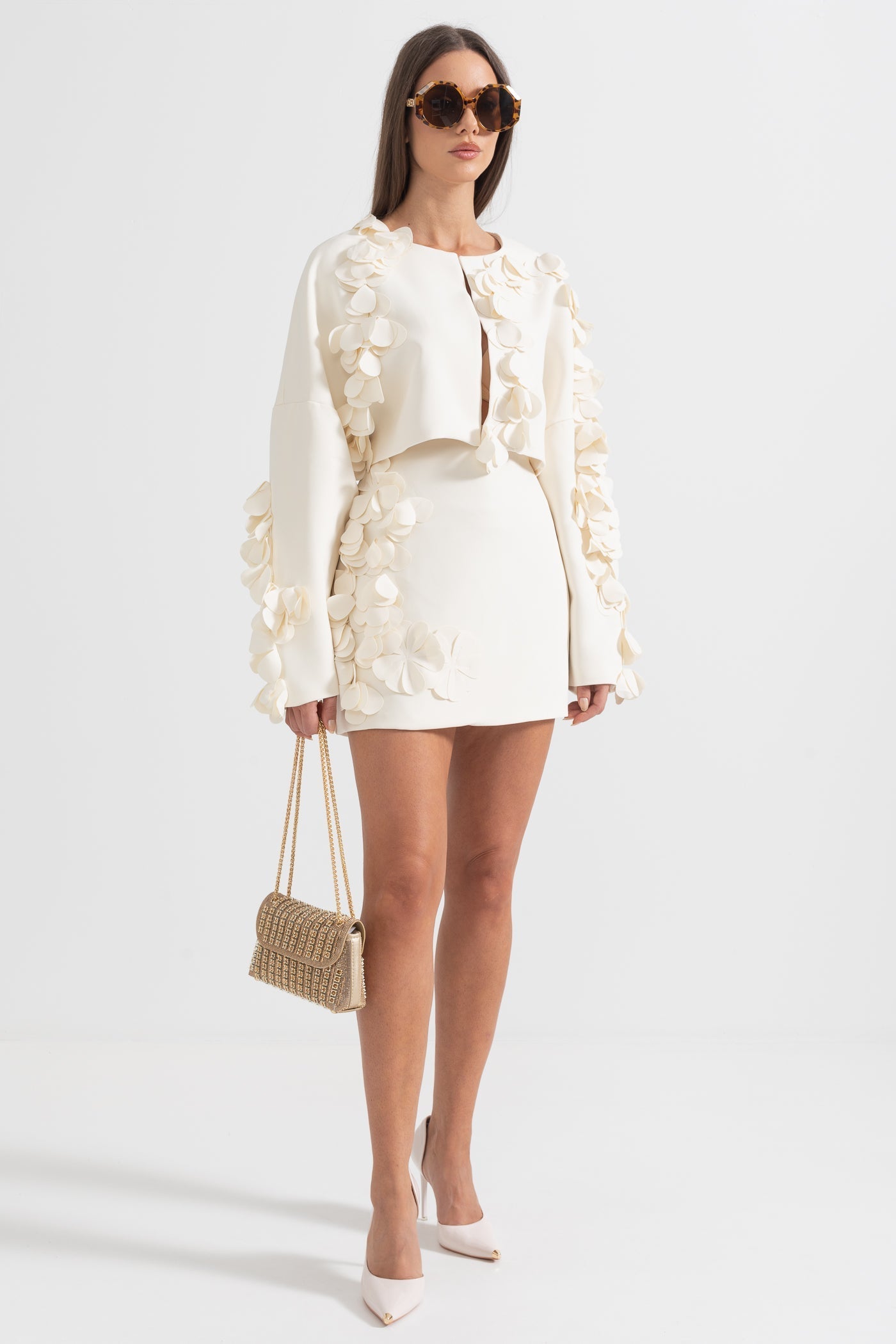 Conjunto Elegante de Dos Piezas con Pétalos Mujer Noche