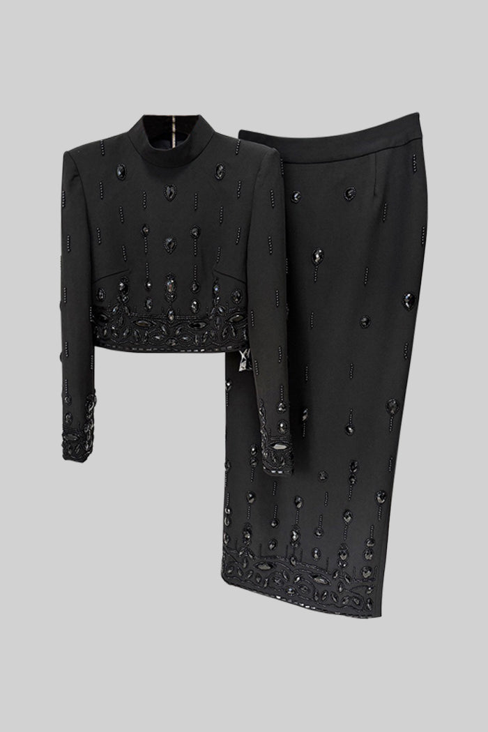 Conjunto Falda Maxi Y Blazer Diamantes Corte Asimétrico