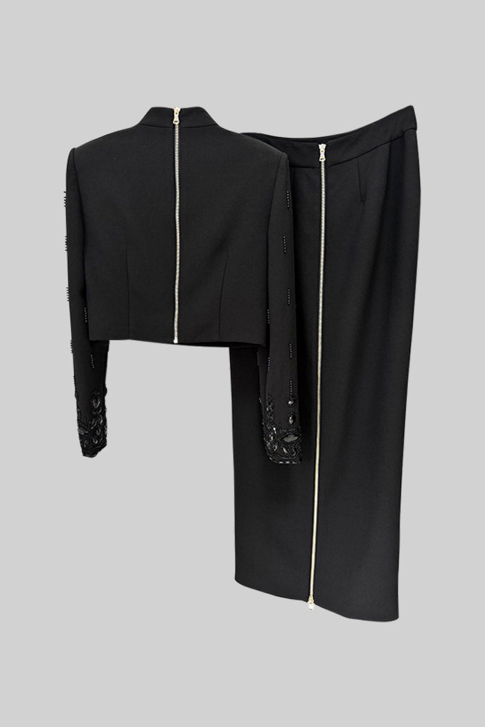 Conjunto Falda Maxi Y Blazer Diamantes Corte Asimétrico