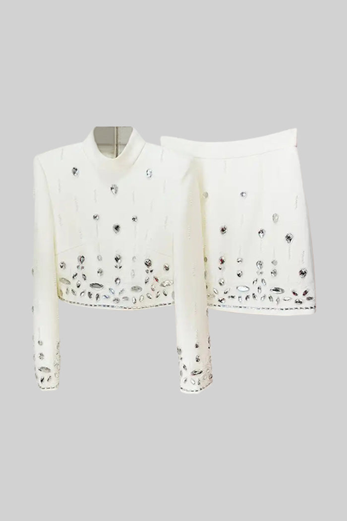 Conjunto Dos Piezas Falda Mini Diamantes Blanco Elegante