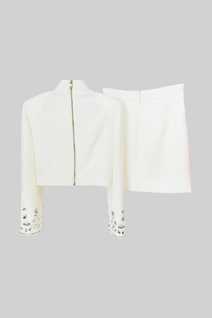 Conjunto Dos Piezas Falda Mini Diamantes Blanco Elegante