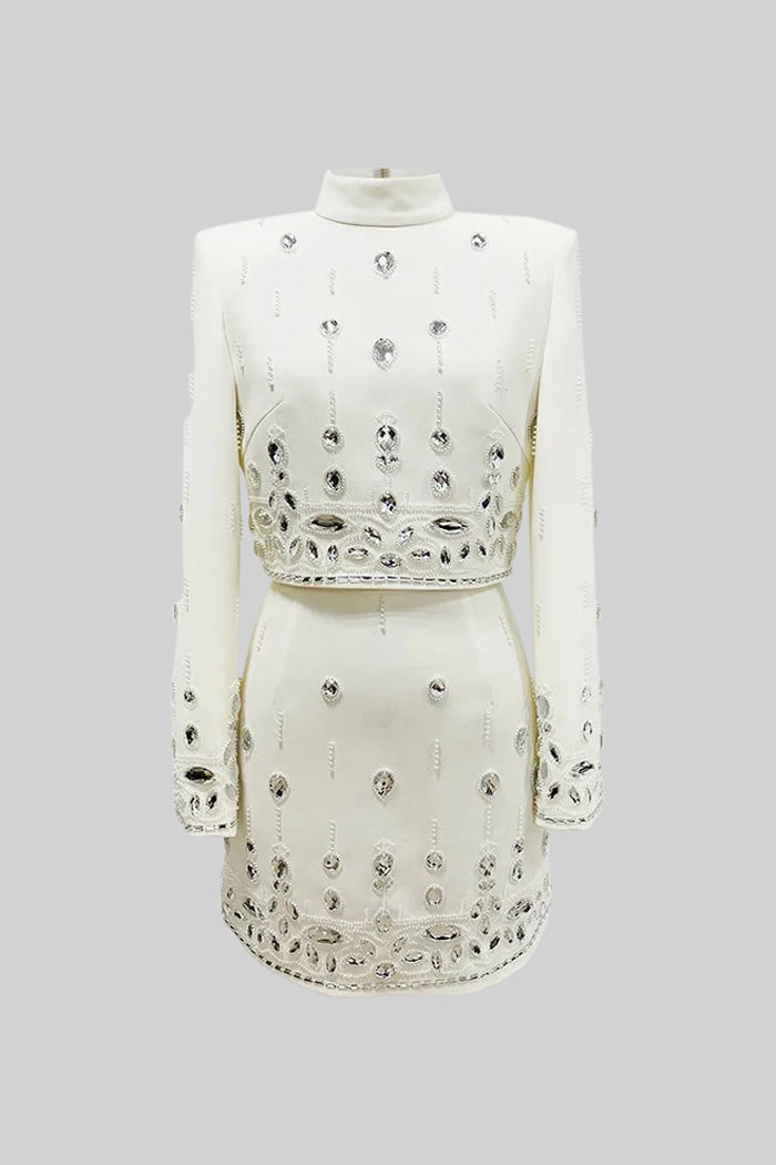 Conjunto Dos Piezas Falda Mini Diamantes Blanco Elegante