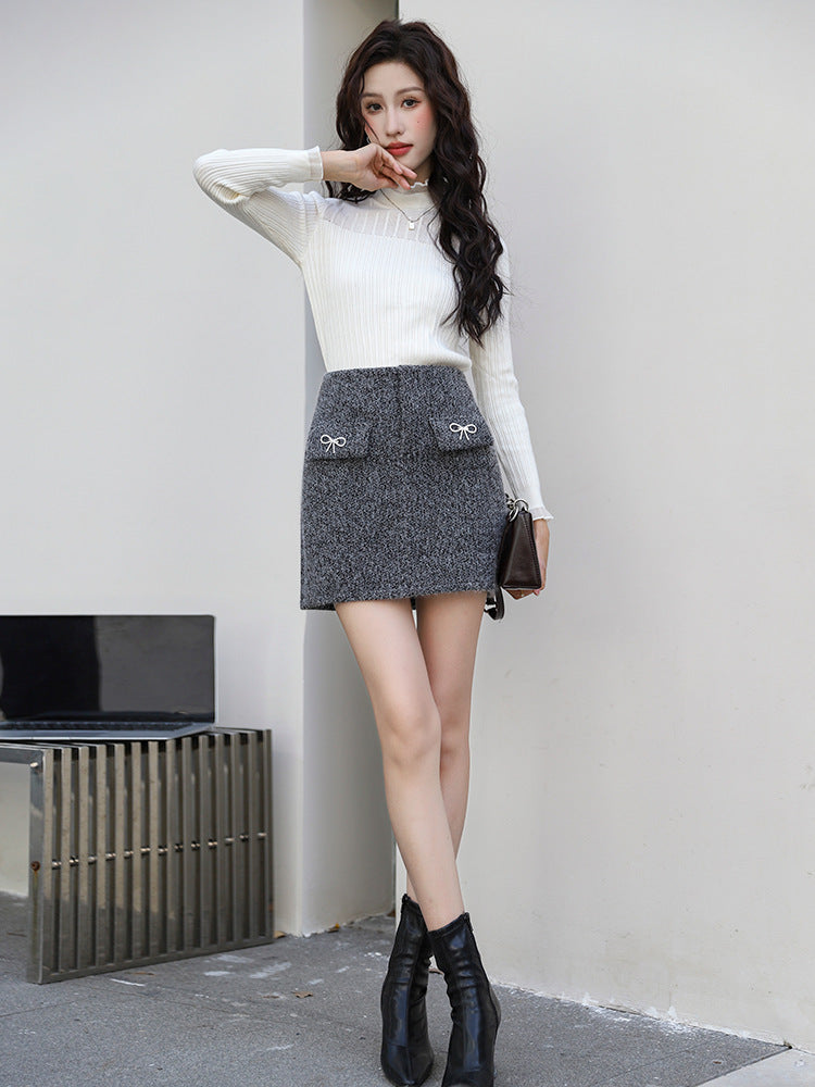 Falda Mini Brillante Con Bolsillos Tejido Tweed Texturizado