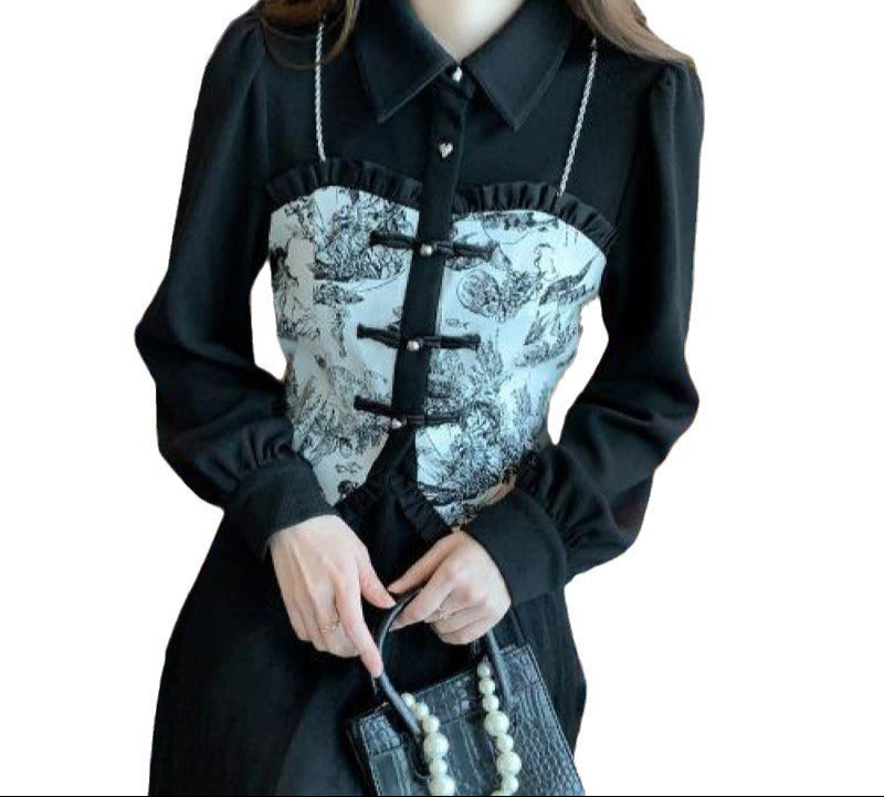 Blusa Elegante Con Plisado Estampado Pastoral Blanco Negro