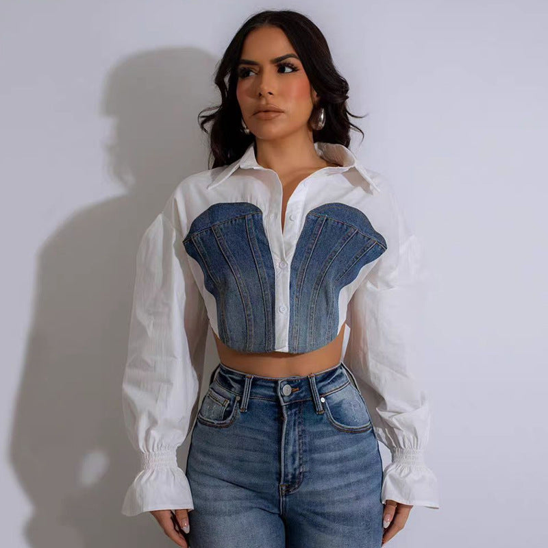 Blusa Corsé de Denim con Mangas Globo y Cuello Blanco