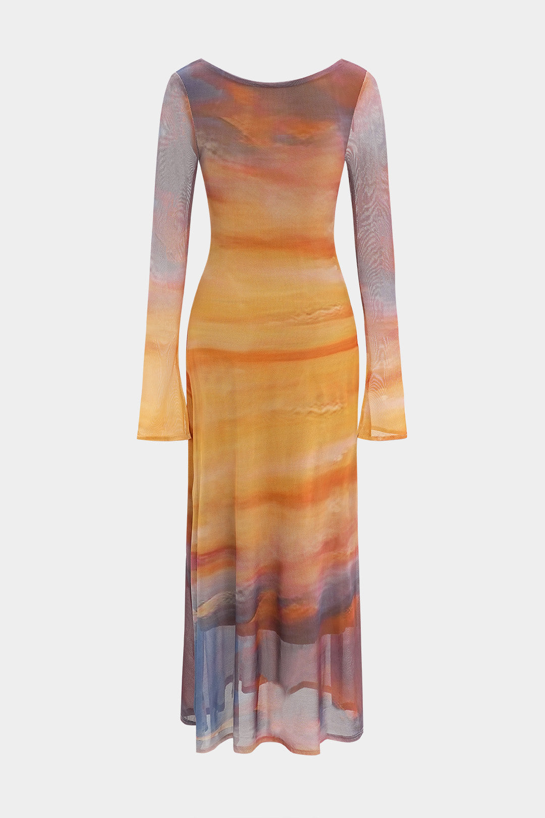 Tie Dye Print Mesh Ruched Long Sleeve Maxi Dress