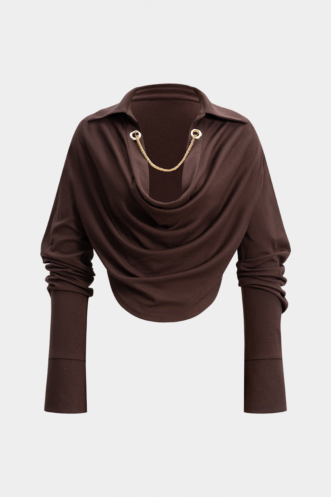 Metallic Chain Draped Cowl Neck Long-Sleeve Top