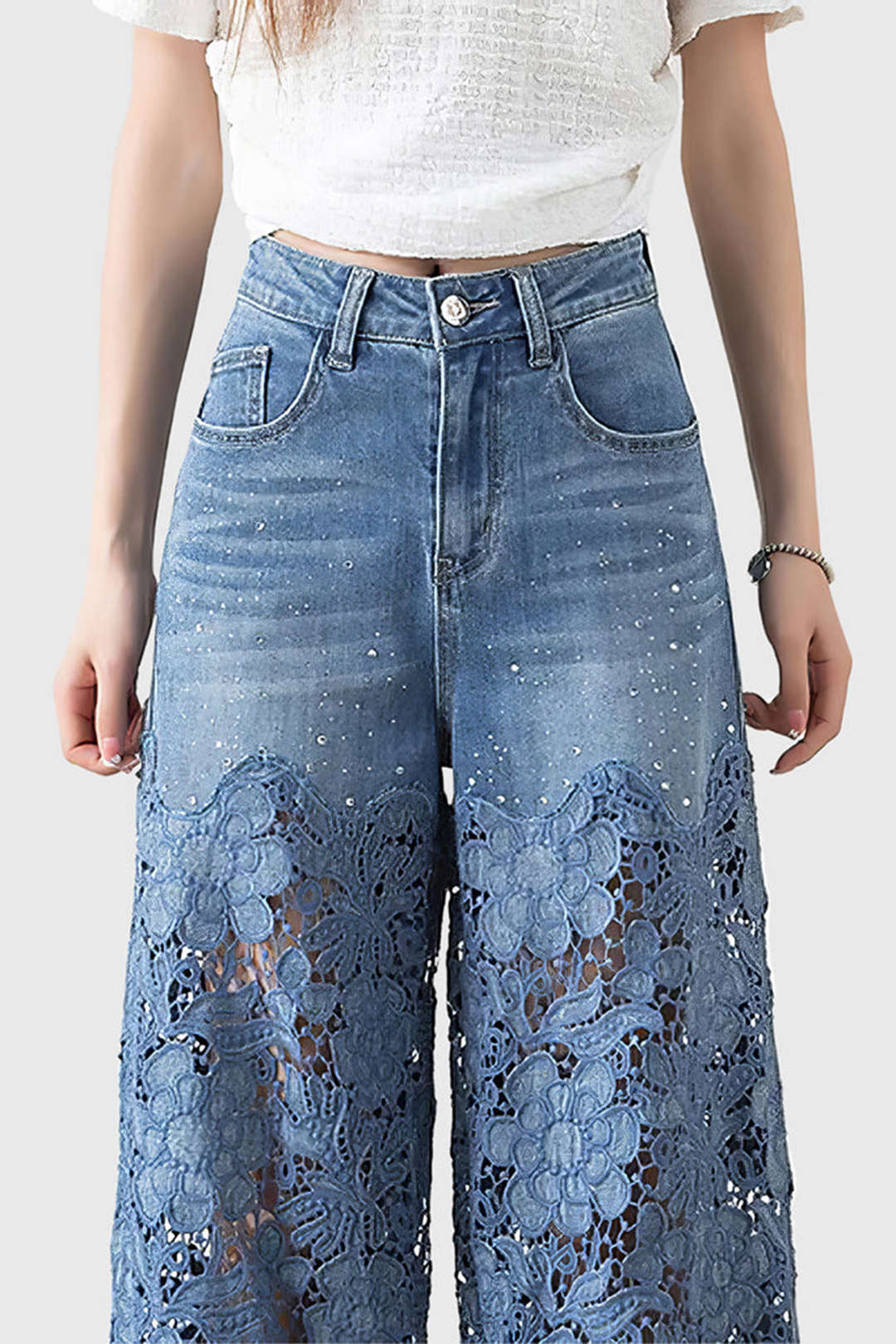 Vaqueros Denim Anchos Con Encaje Desgastados Para Mujer