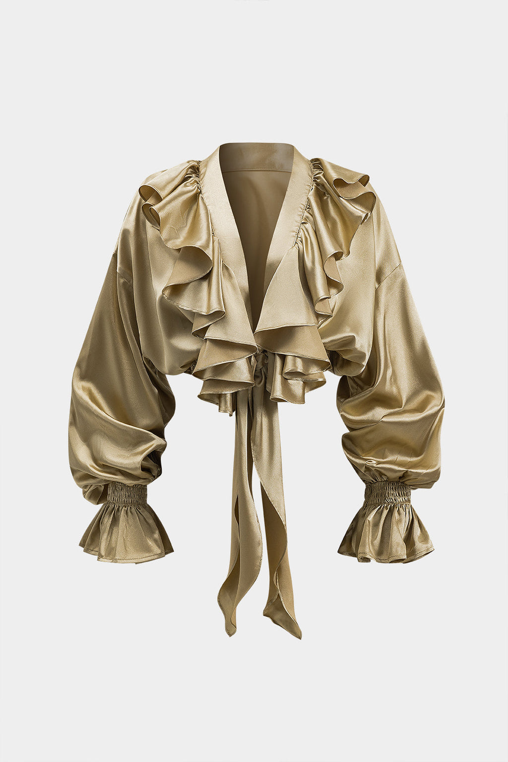 Satin Ruffle Ruched Tie Front Bell Sleeve Shirt