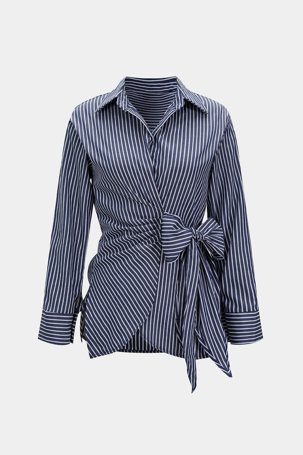 Stripes Print Tie-Up Irregular Long-Sleeve Shirt