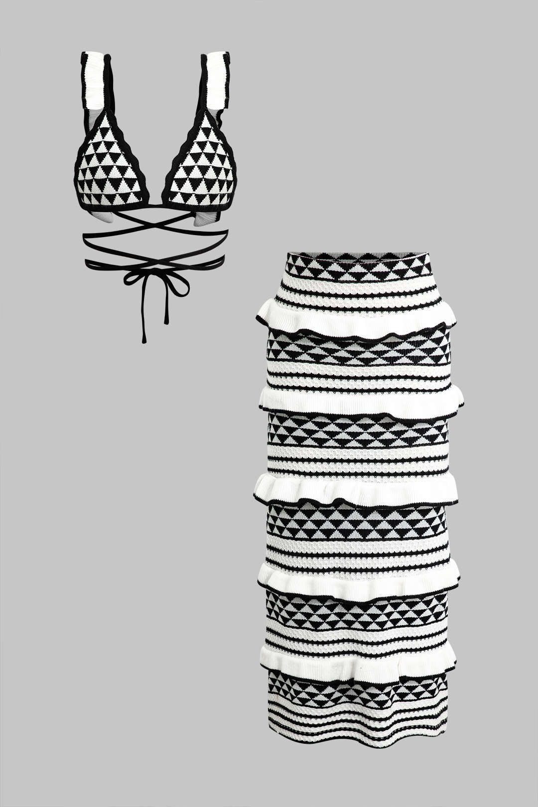 Conjunto Corsé Bandeau Rayado con Falda Midi de Volantes