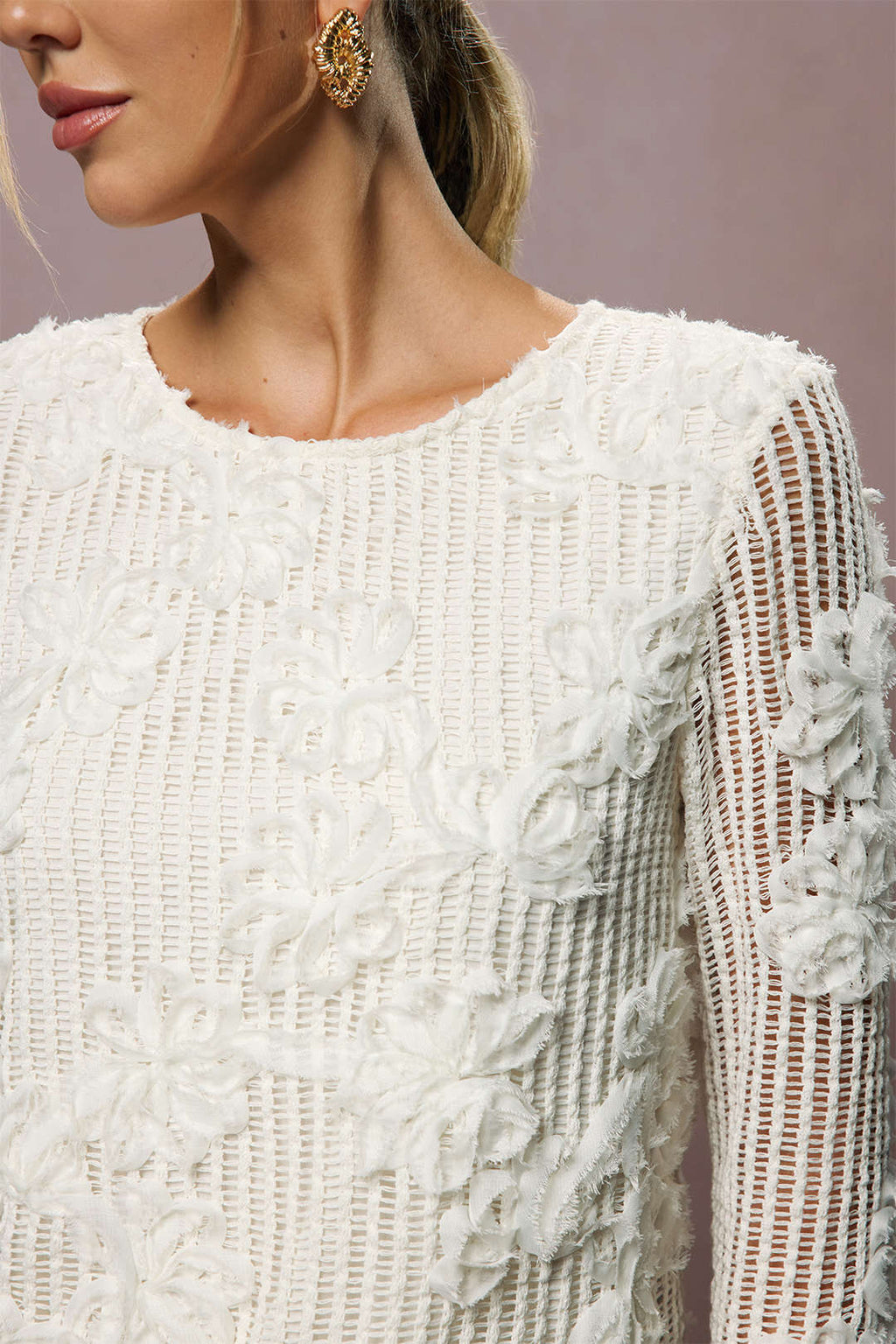 3D Floral Tie-Back Long-Sleeve Top