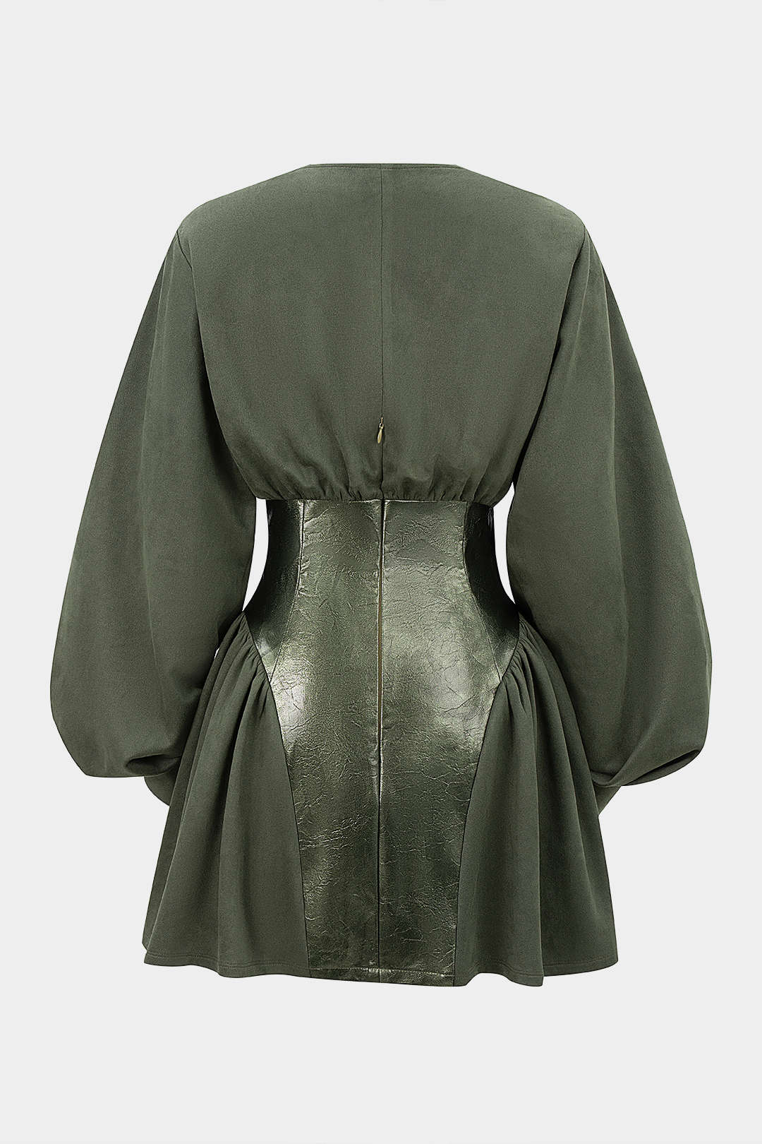 Faux Leather Patchwork Metallic Button Ruched Long Sleeve Mini Dress