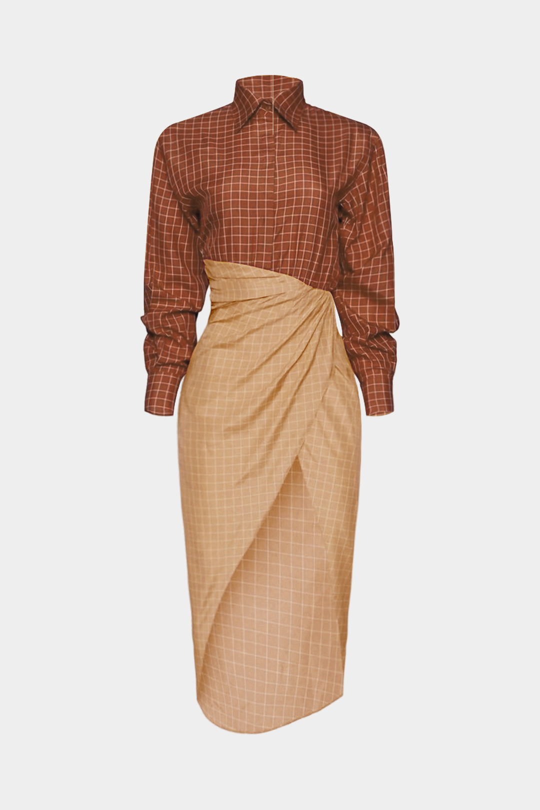 שמלת מידי א-סימטרית עם שרוולים ארוכים וקשירה, הדפס משובץ 