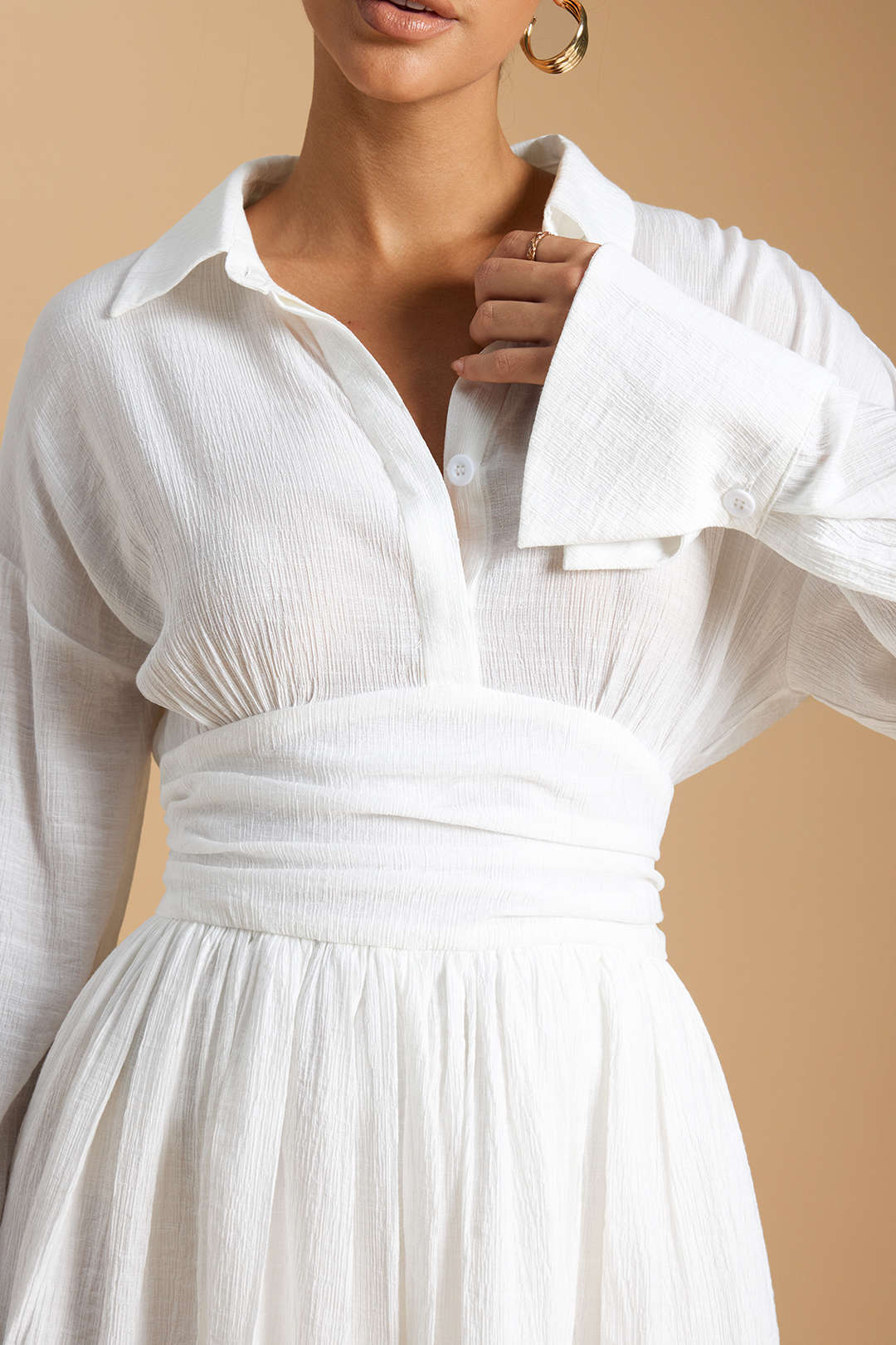 Button Ruched Long Sleeve Mini Dress