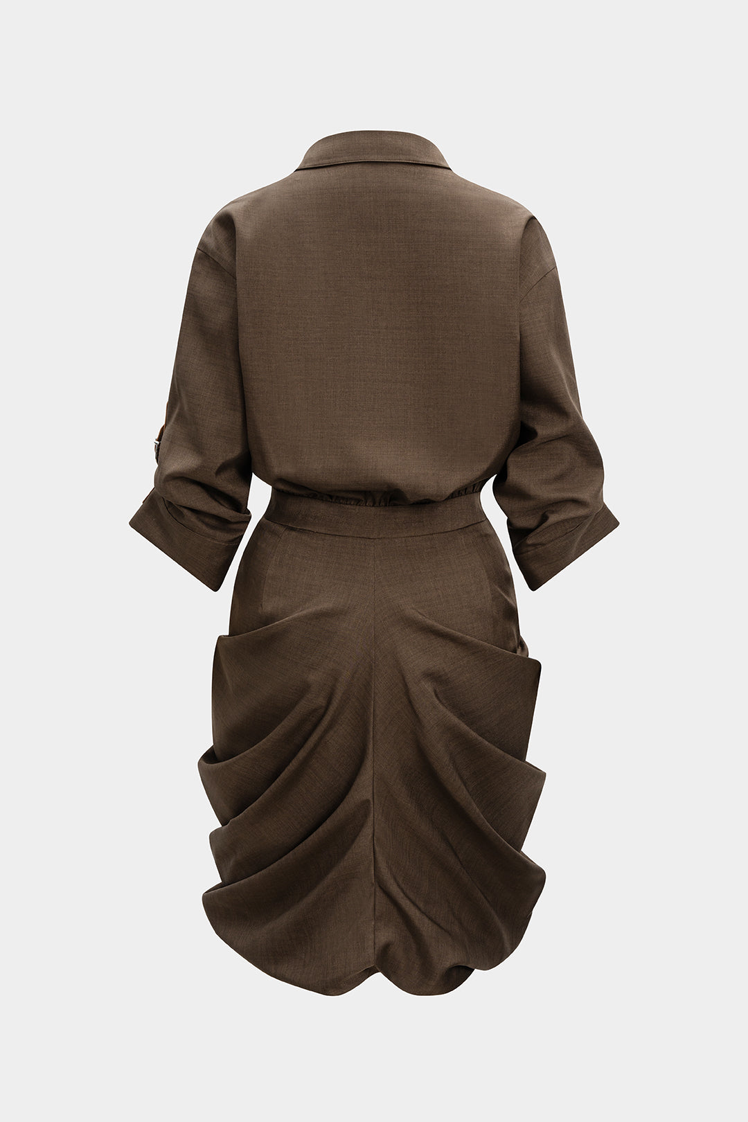 Ruched Button V-Neck Long Sleeve Midi Dress